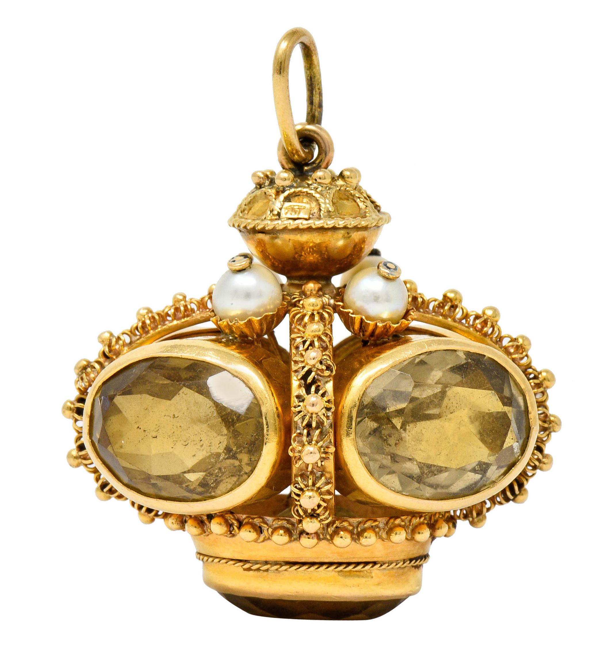 Women's or Men's Vintage Citrine Pearl 18 Karat Gold Ornate Crown Pendant