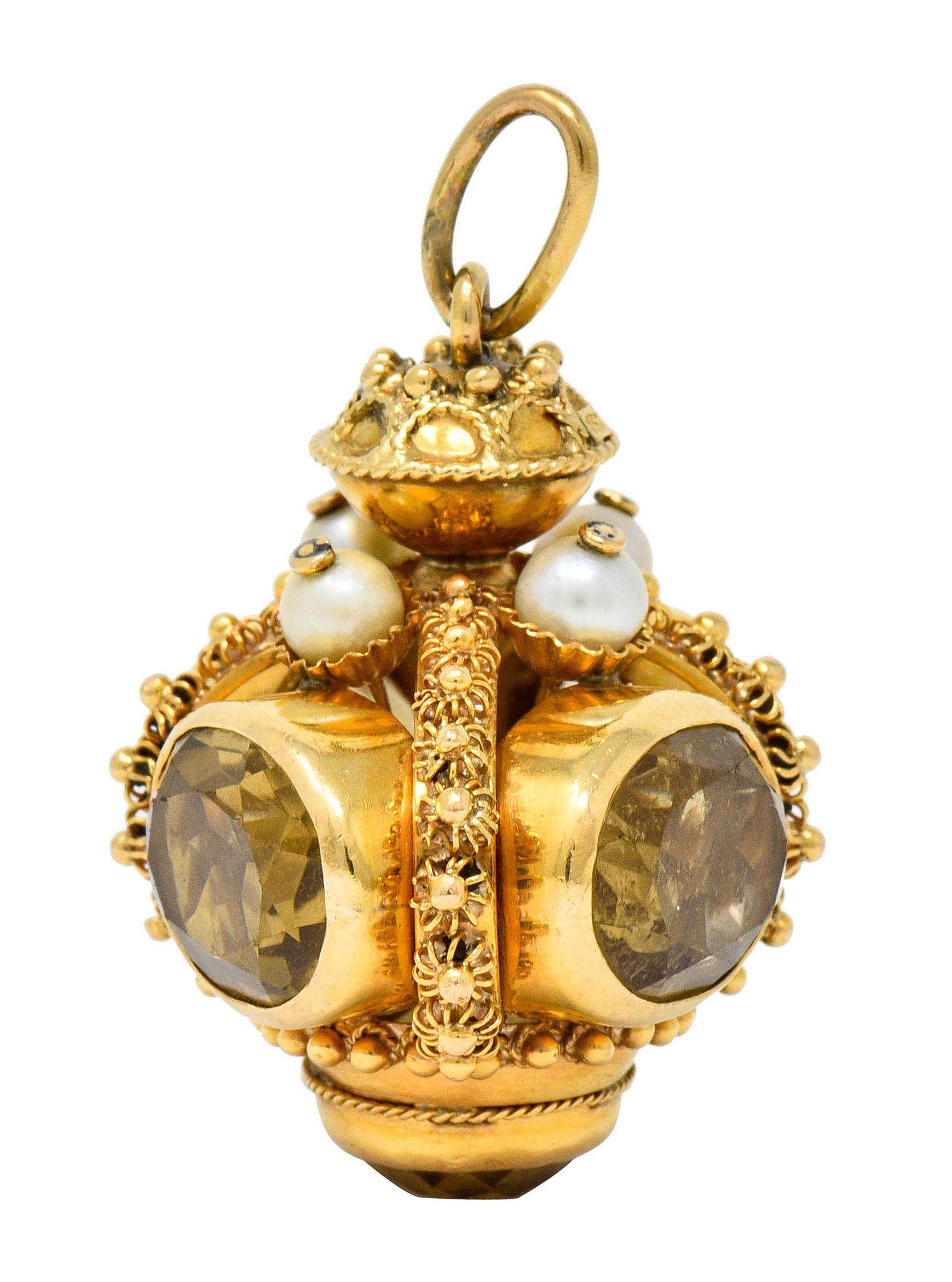 Vintage Citrine Pearl 18 Karat Gold Ornate Crown Pendant 1