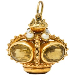 Vintage Citrine Pearl 18 Karat Gold Ornate Crown Pendant