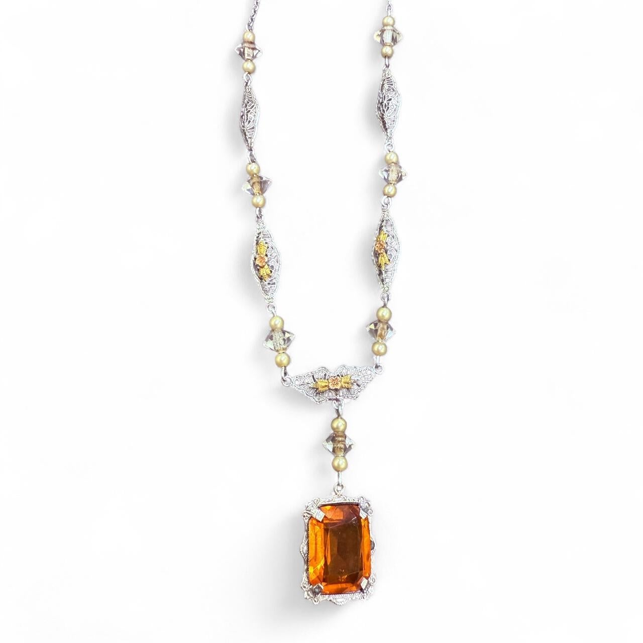 Donna Collana vintage in filigrana di citrino e quarzo in oro bianco 14K in vendita