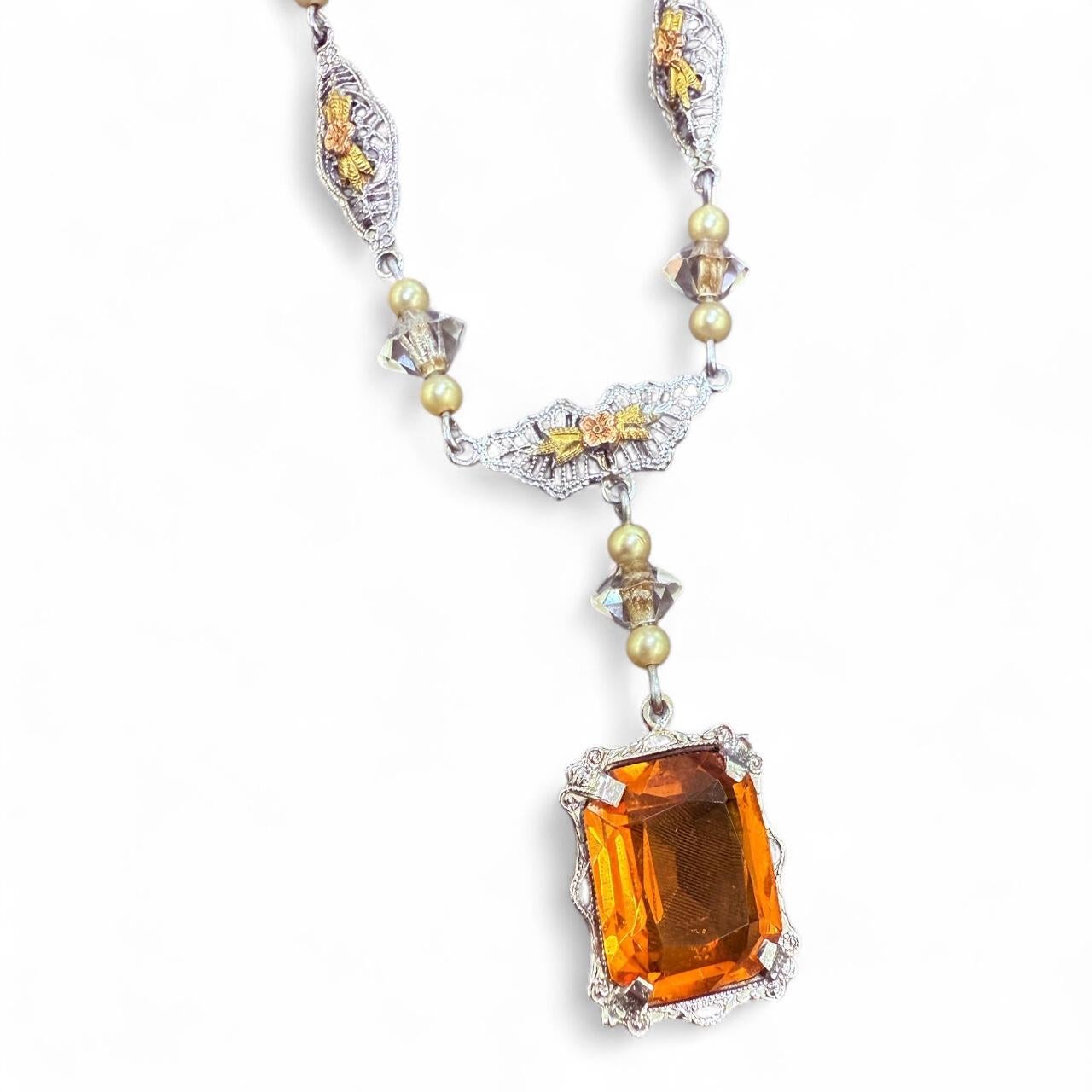 Collana vintage in filigrana di citrino e quarzo in oro bianco 14K in vendita 1