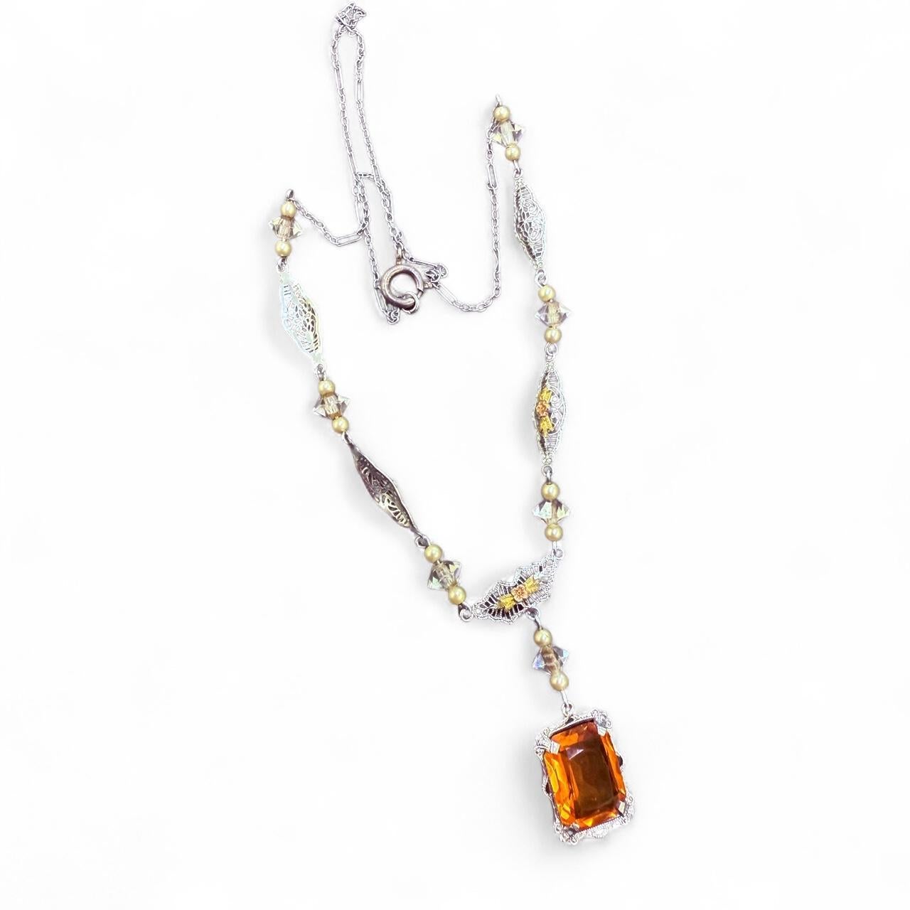 Collana vintage in filigrana di citrino e quarzo in oro bianco 14K in vendita 2