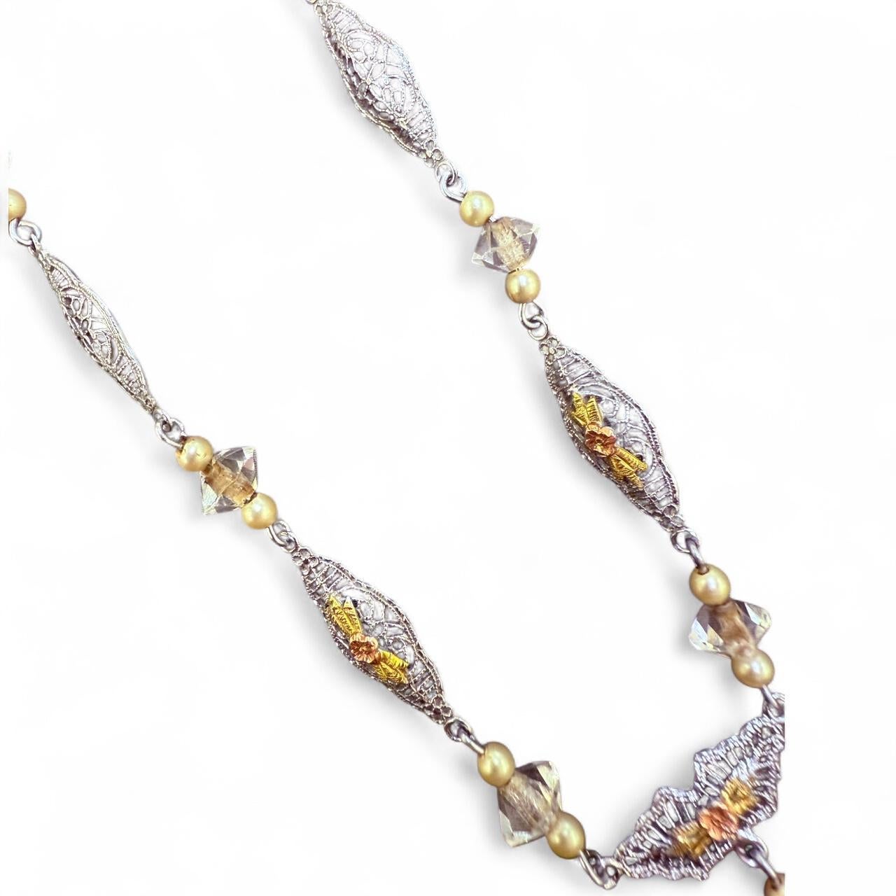 Collana vintage in filigrana di citrino e quarzo in oro bianco 14K in vendita 3