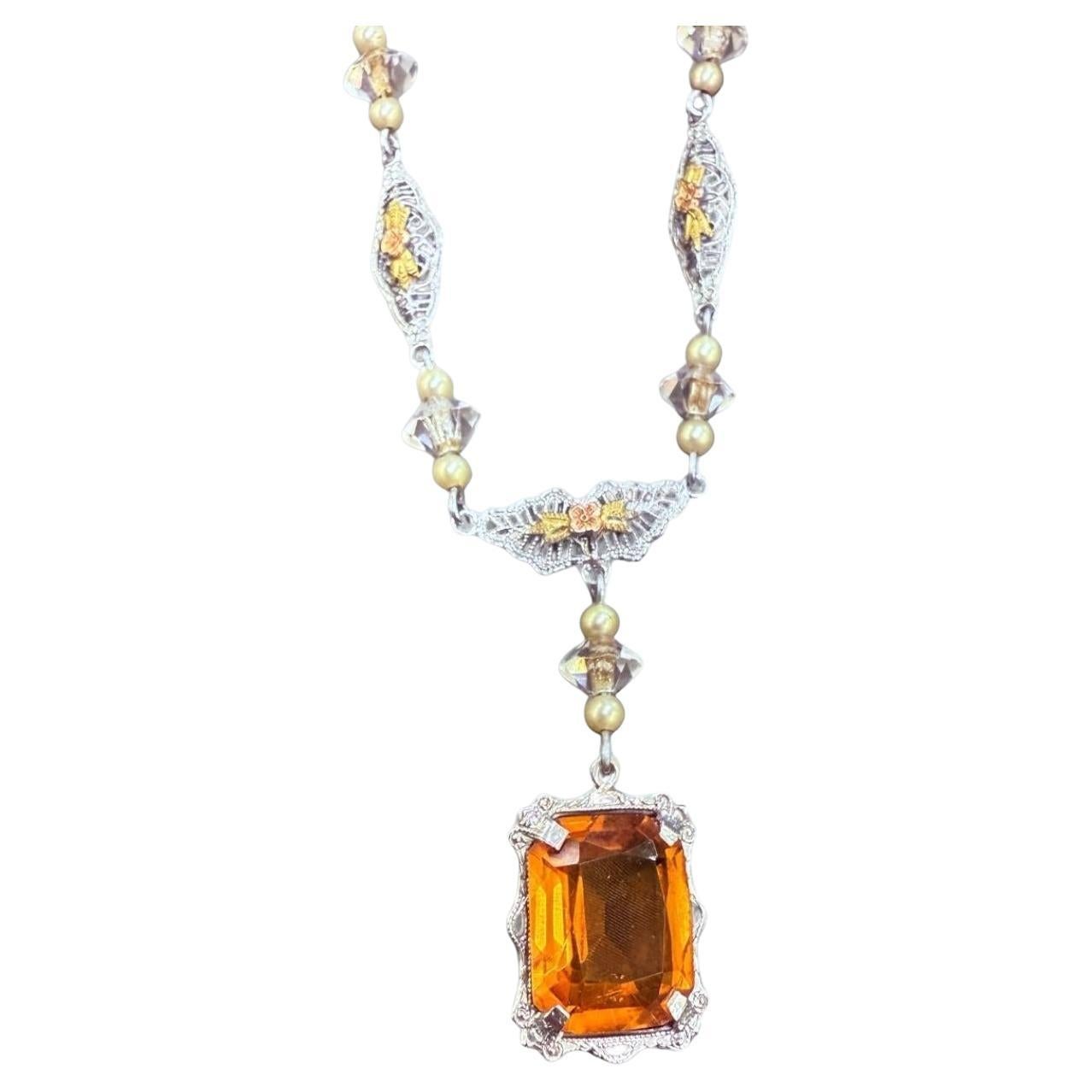 Vintage Citrine & Quartz Filigree Necklace 14K White Gold