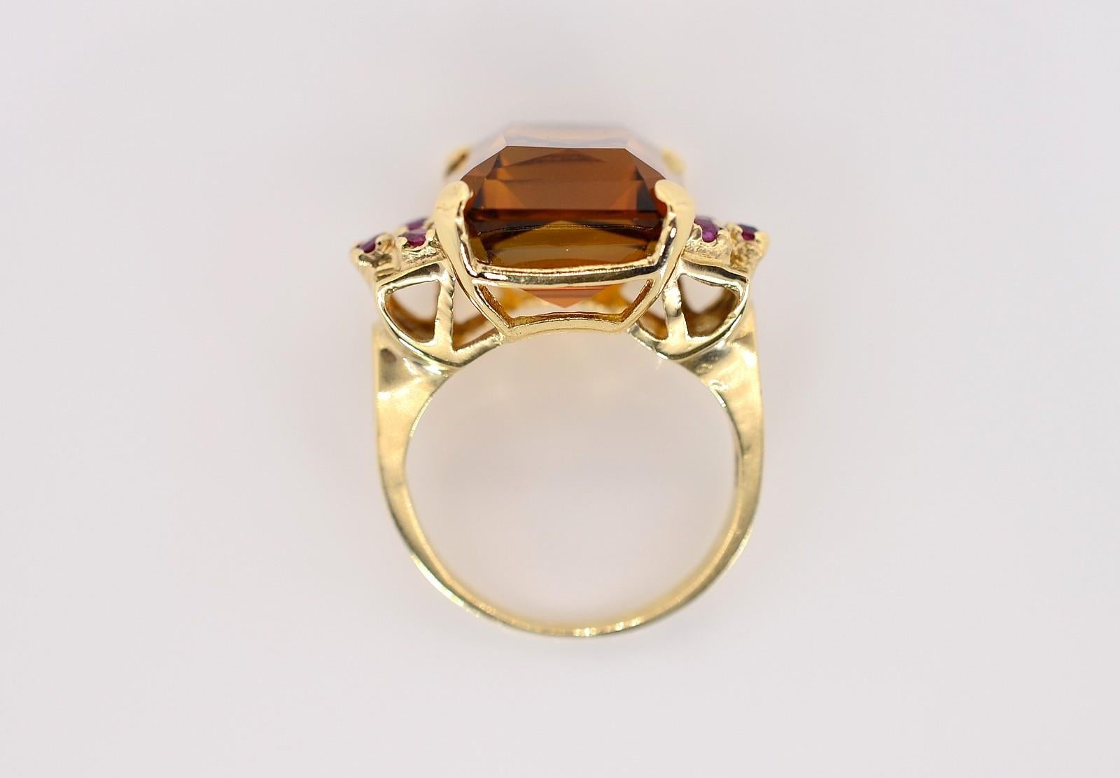 Emerald Cut Vintage Citrine Ruby Gold Ring
