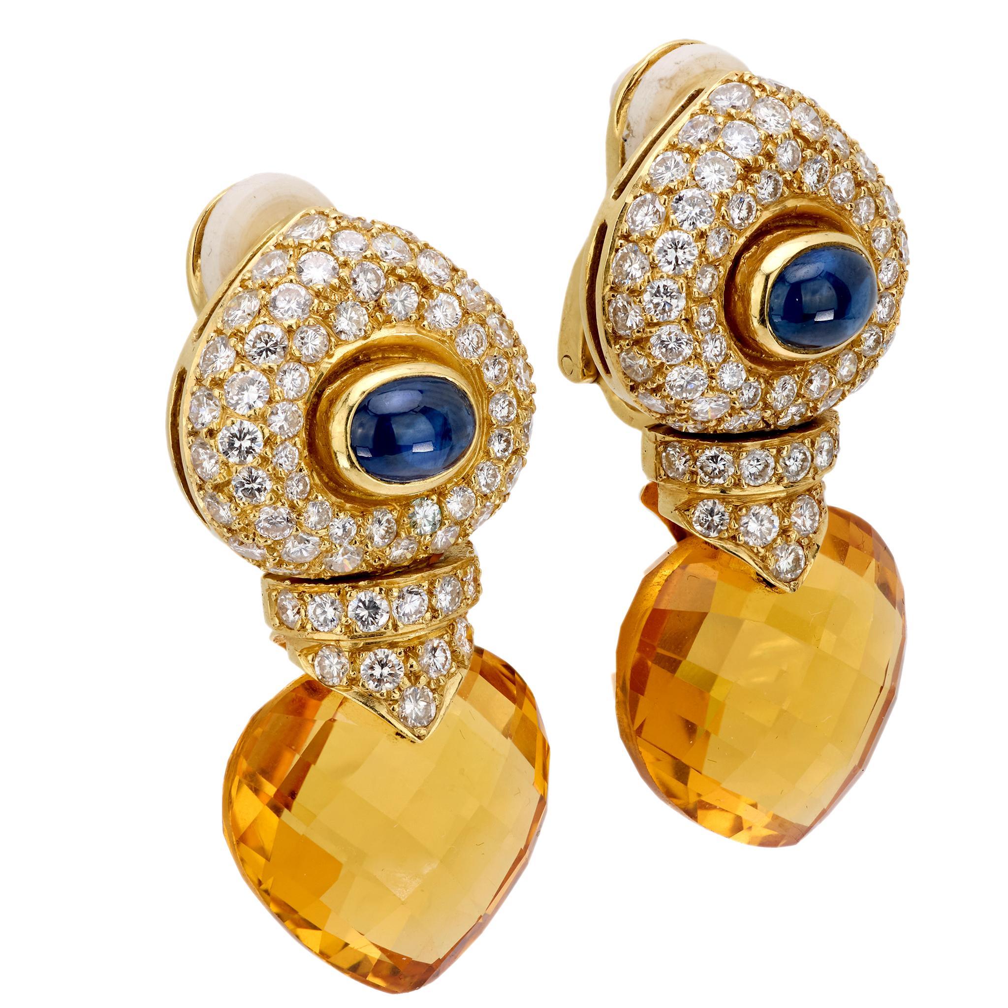 Pendientes vintage citrino zafiro diamante oro amarillo 18k Moderno
