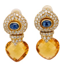 Vintage citrine sapphire diamond 18k yellow gold earrings