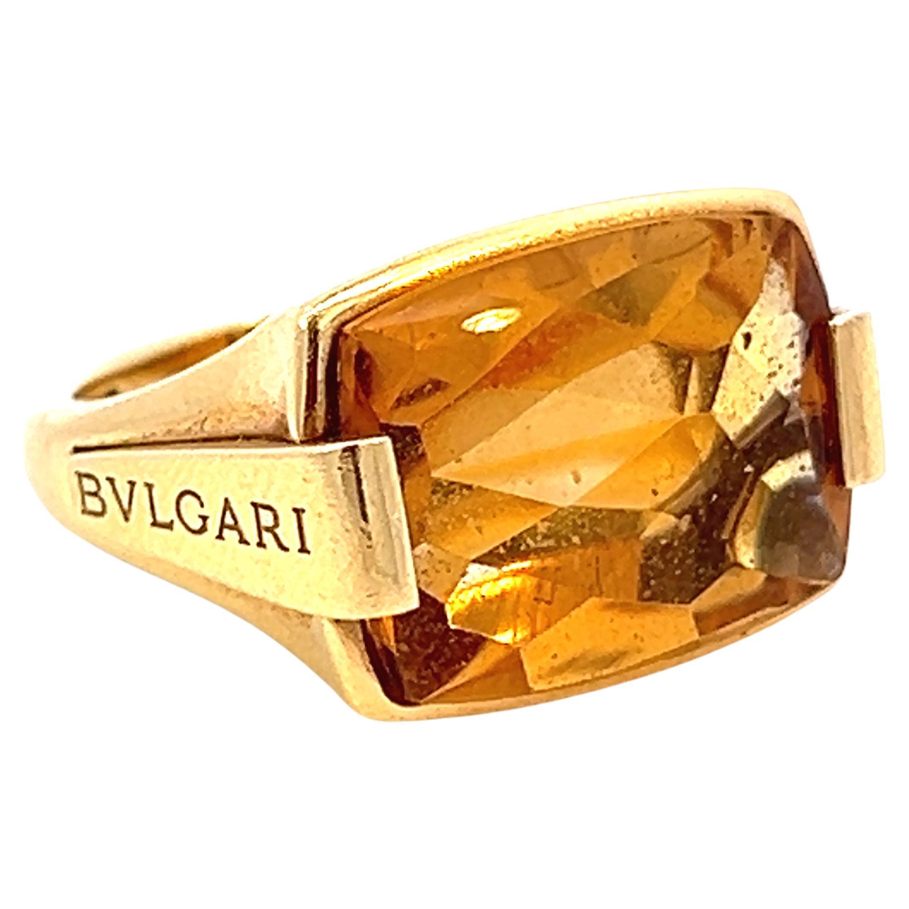 Vintage Citrine Signed Bvlgari Metropolis 18k Gold Ring For Sale