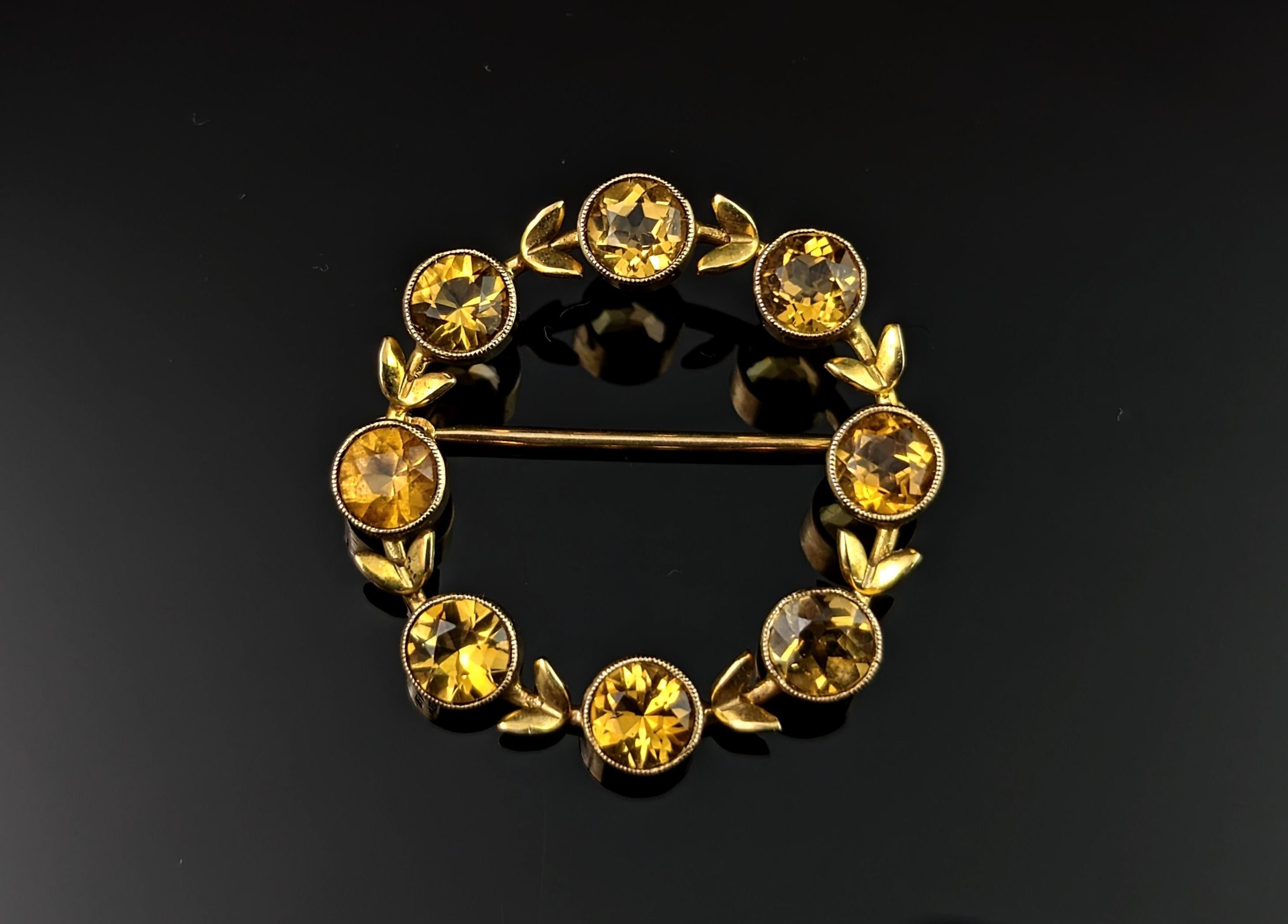 Round Cut Vintage Citrine wreath brooch, 9k yellow gold, Cropp and Farr 