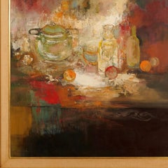 Grande peinture à l'huile abstraite d'une nature morte d'automne avec citrus et récipients, encadrée