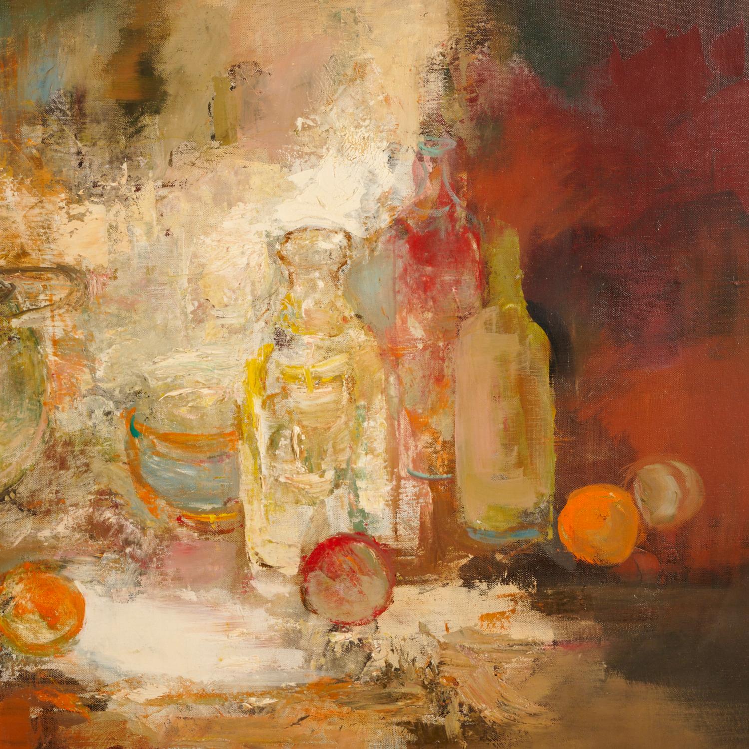 French Large Autumnal Citrus and Vessels Abstract Still Life Oil Painting, Framed For Sale