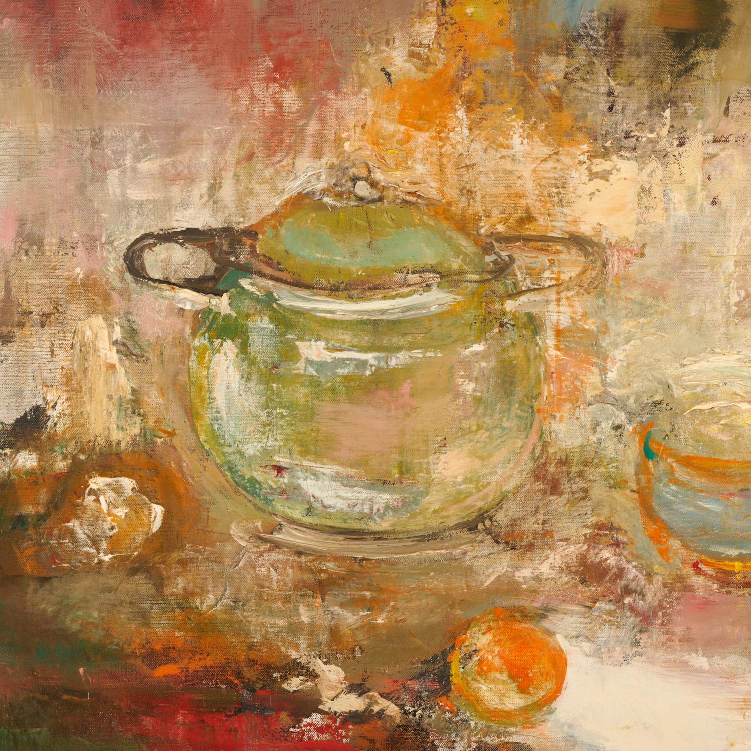 Hand-Painted Large Autumnal Citrus and Vessels Abstract Still Life Oil Painting, Framed For Sale