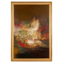 Large Autumnal Citrus and Vessels Abstract Still Life Oil Painting, Framed