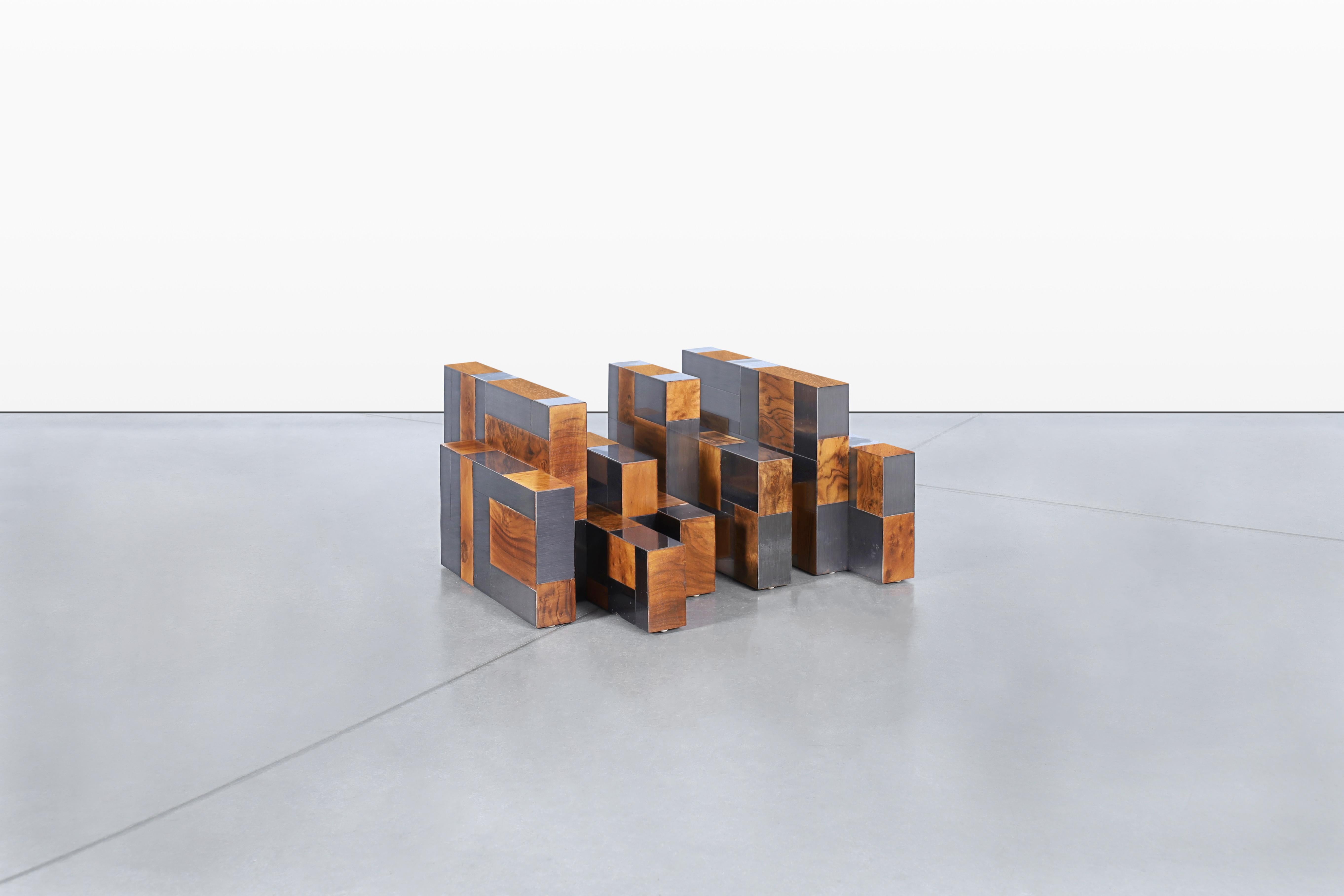 American Vintage “Cityscape” Burl and Gunmetal Coffee Table by Paul Evans for Directional For Sale