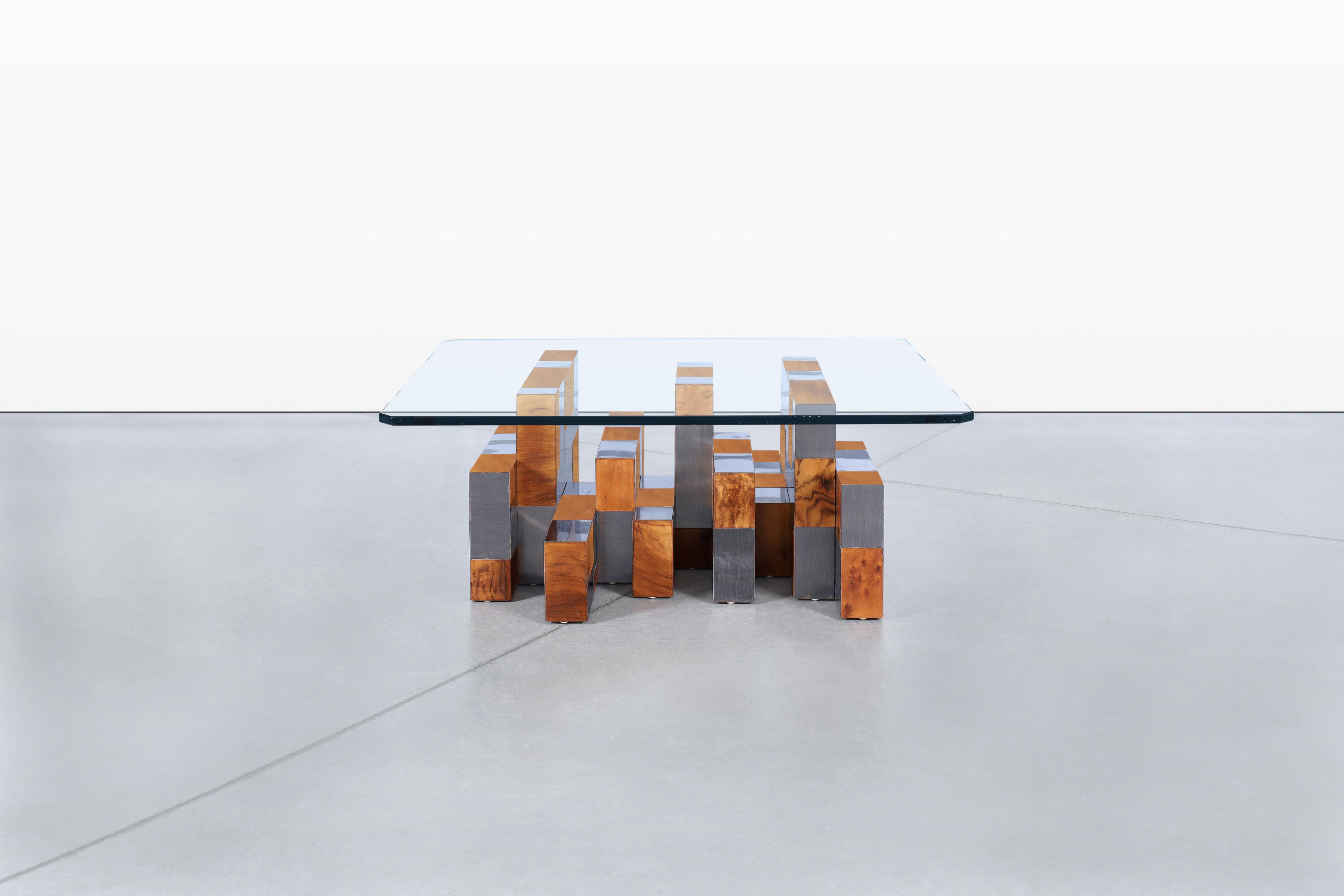 Metal Vintage “Cityscape” Burl and Gunmetal Coffee Table by Paul Evans for Directional For Sale