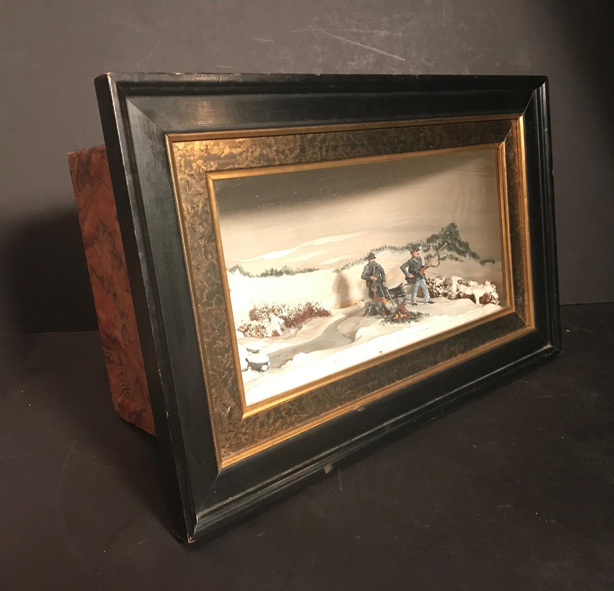 This is a magnificently imagined Civil War camp fire scene. One can almost feel the cold winter night. The recreated snow scene, a miniature, is very realistic and of the highest quality. Two hand painted Union Infantry lead soldiers on alert have a