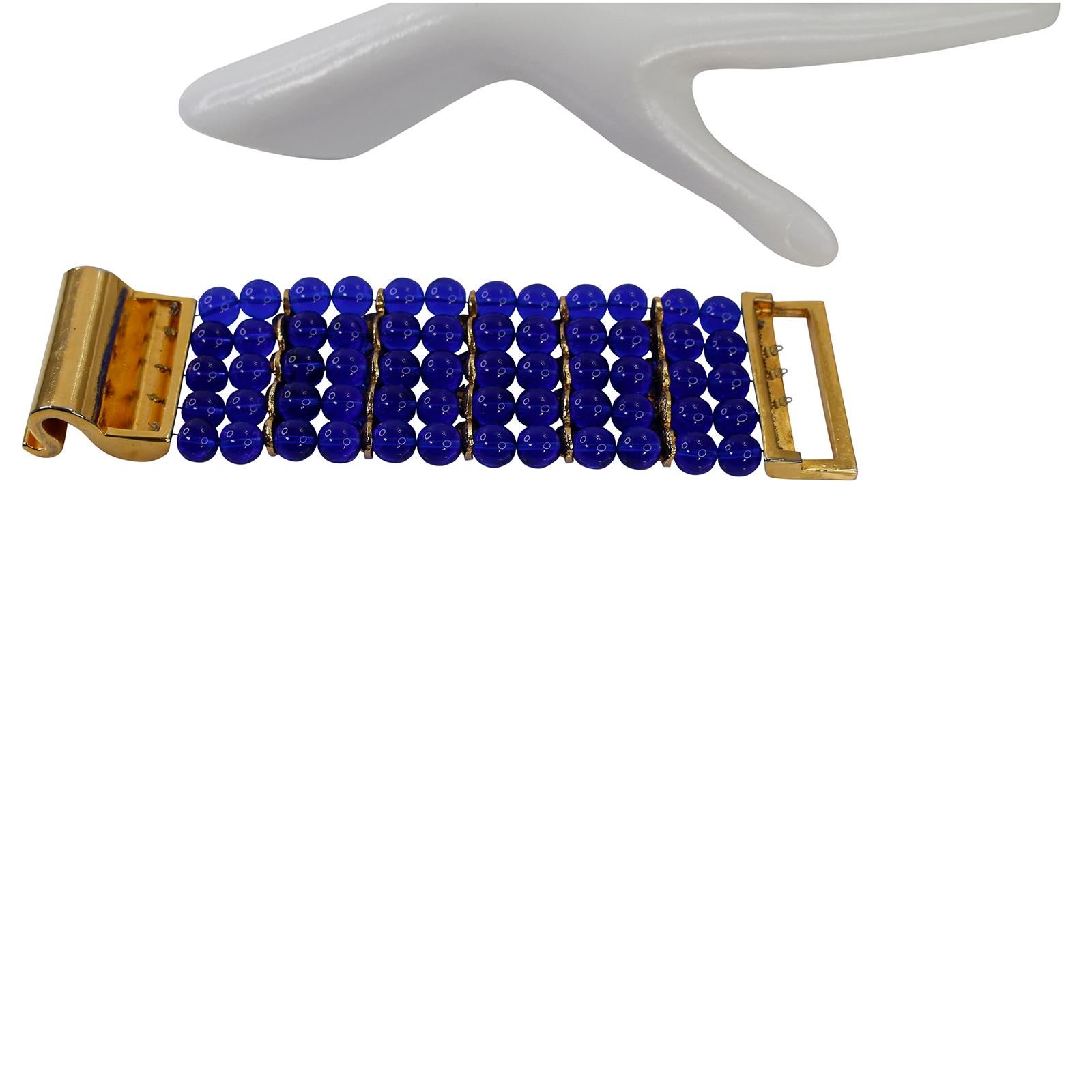 Vintage Claire Deve Gold and Blue Glass Bracelet For Sale 6