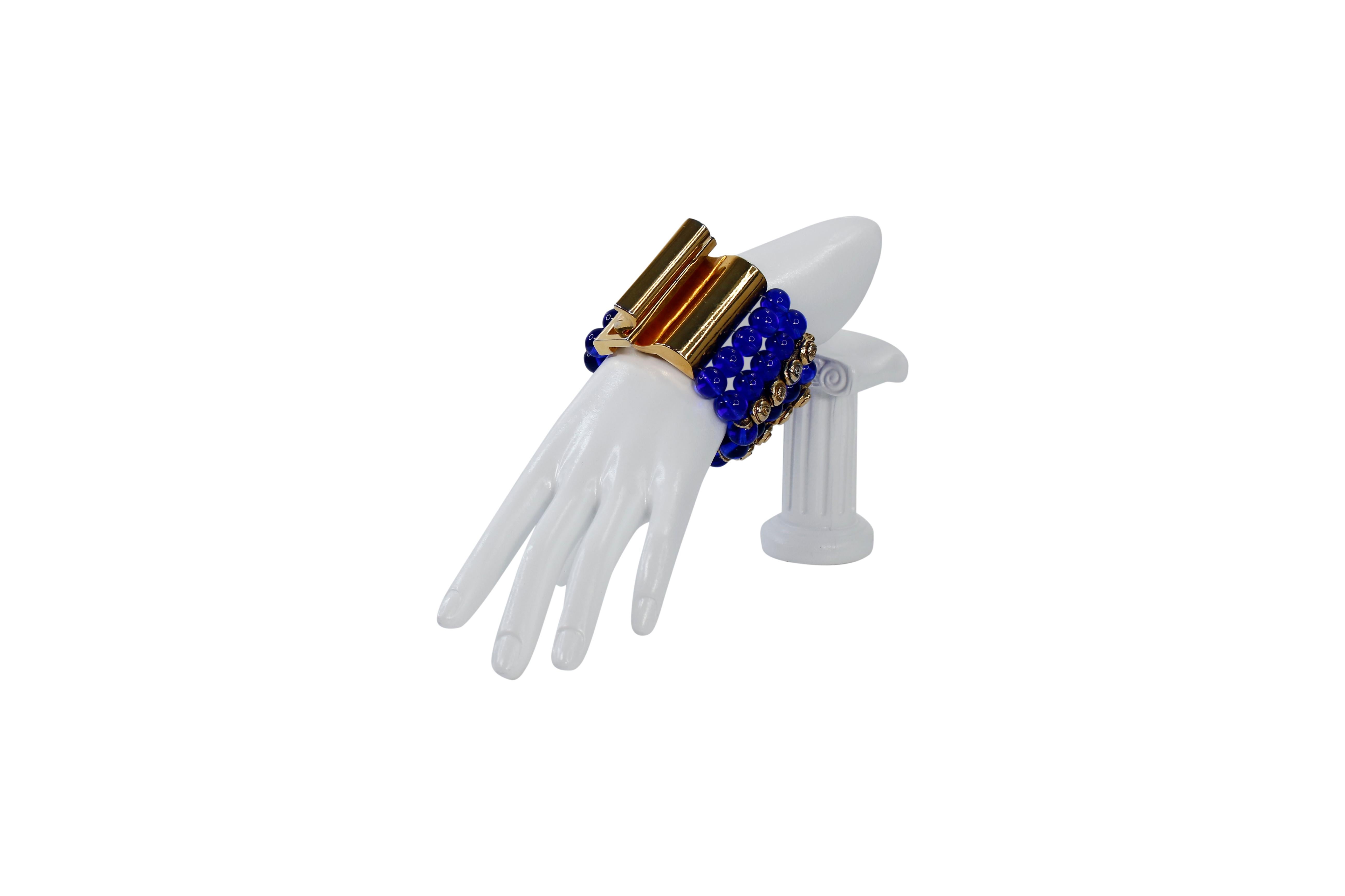 Vintage Claire Deve Gold and Blue Glass Bracelet In Good Condition For Sale In New York, NY