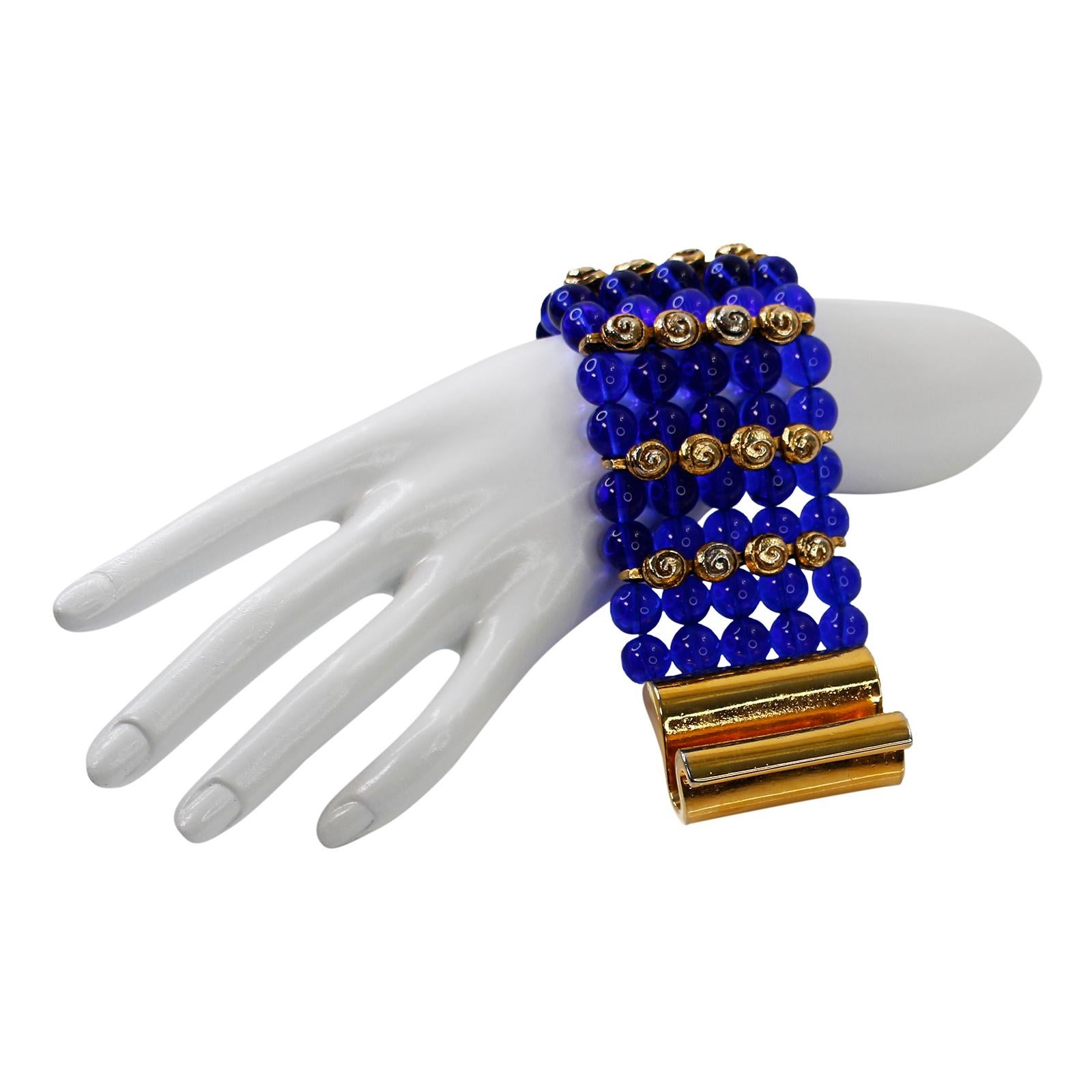 Vintage Claire Deve Gold and Blue Glass Bracelet For Sale 1