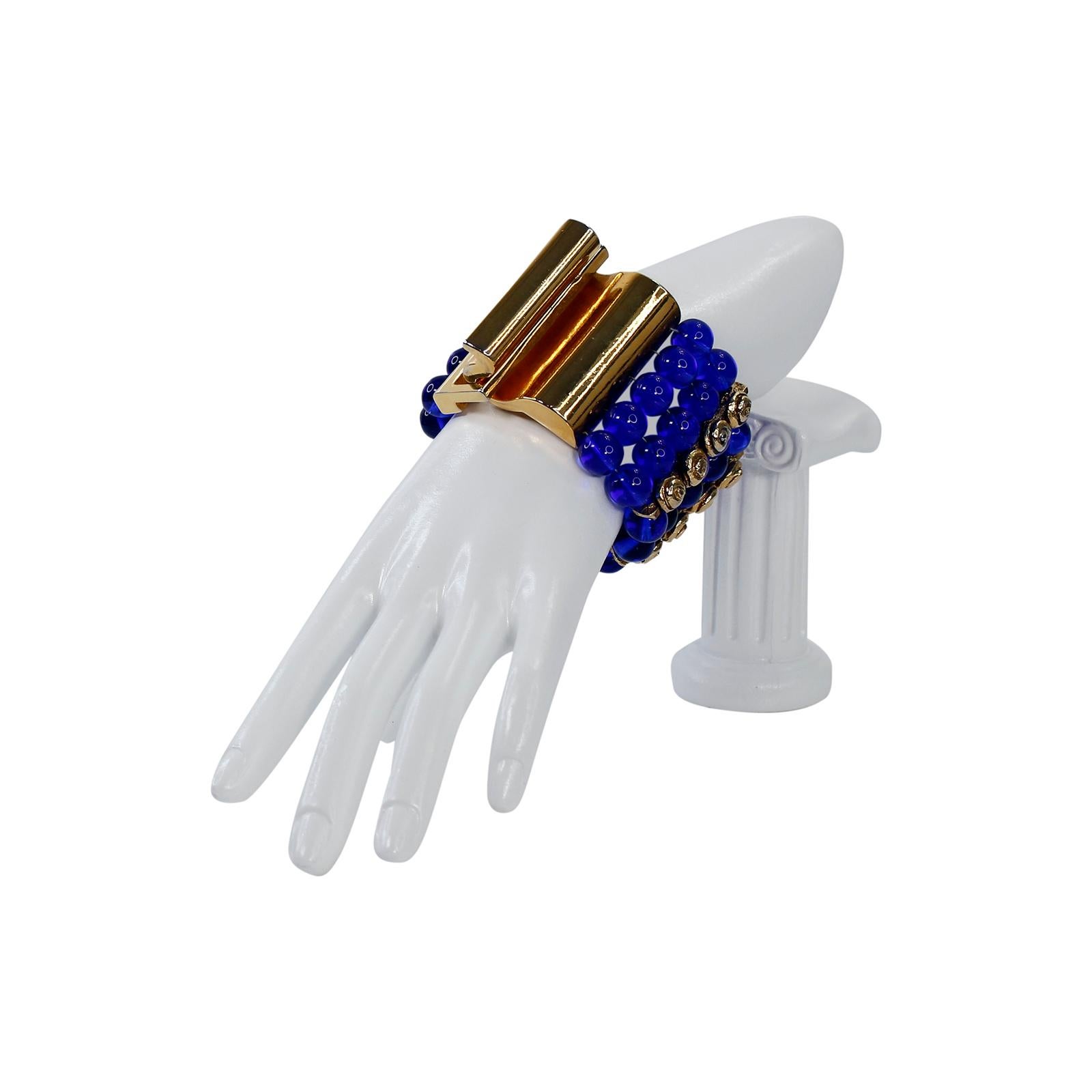Vintage Claire Deve Gold and Blue Glass Bracelet For Sale 2