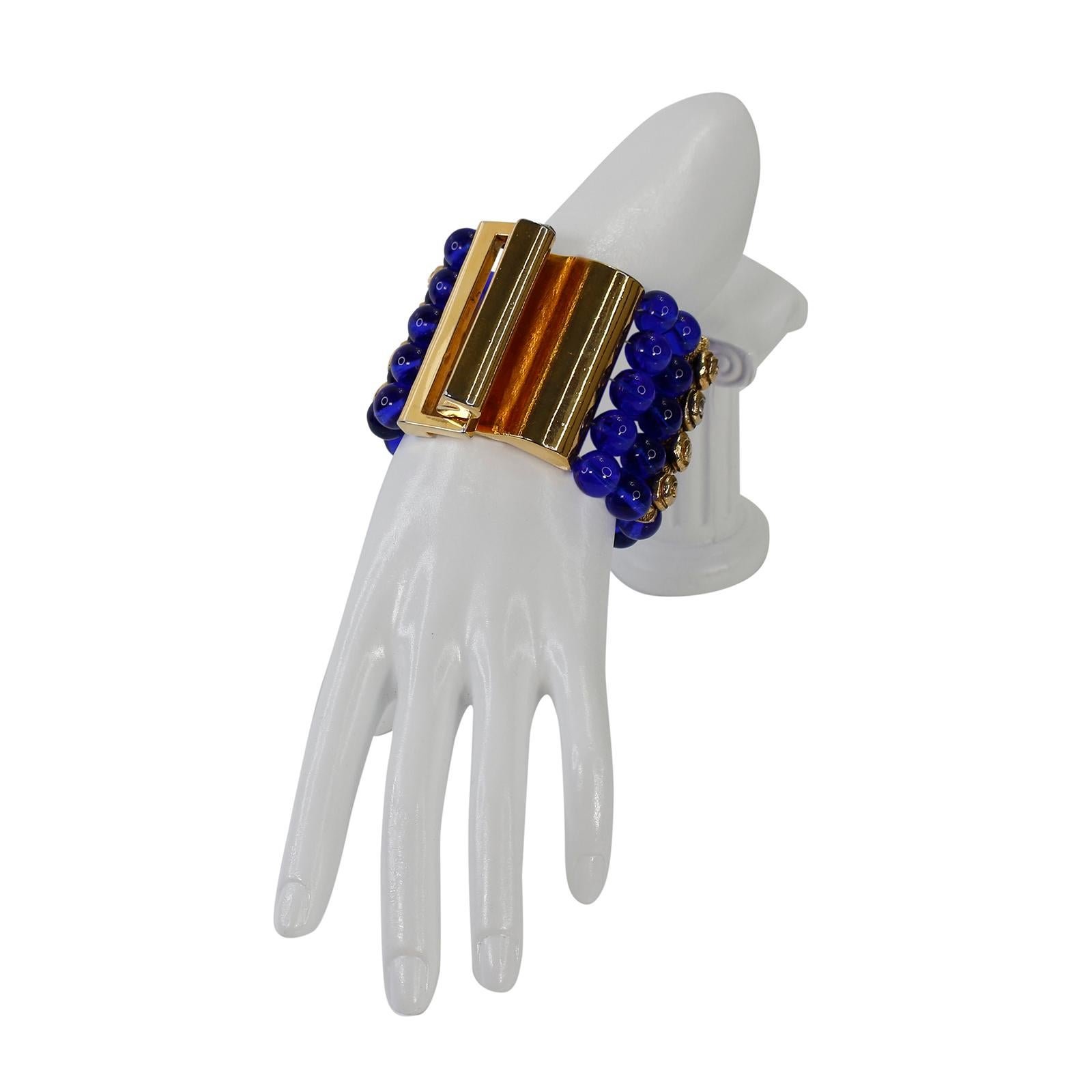 Vintage Claire Deve Gold and Blue Glass Bracelet For Sale 3
