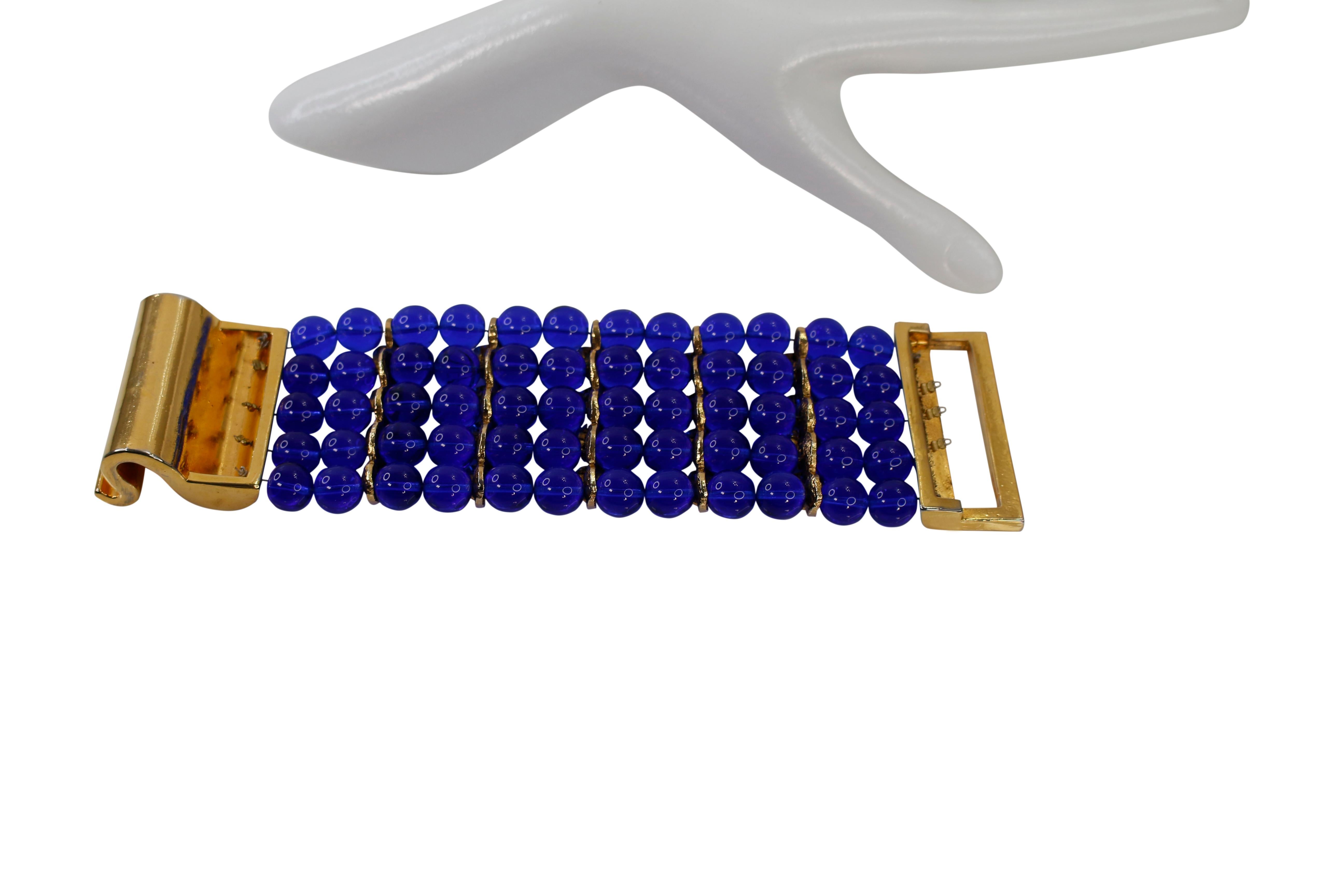 Vintage Claire Deve Gold and Blue Glass Bracelet For Sale 4