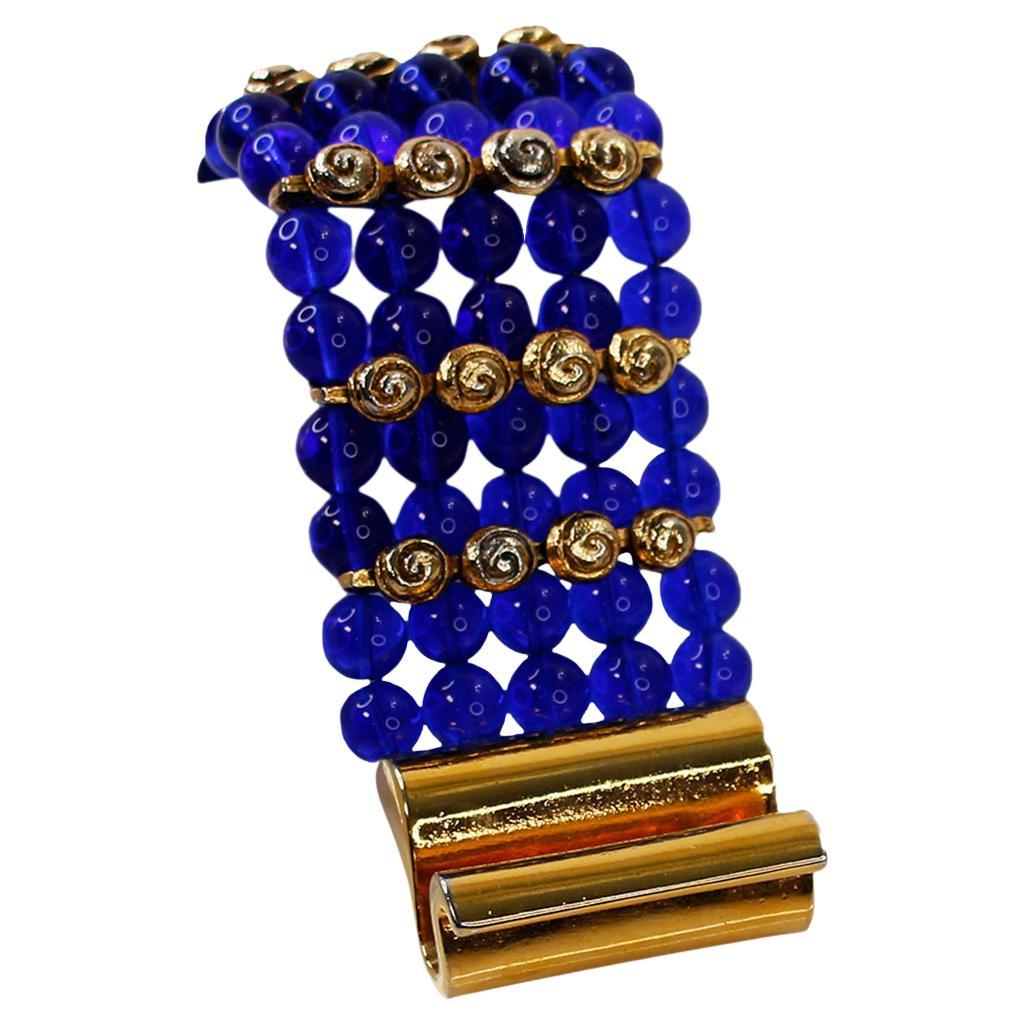 Vintage Claire Deve Gold and Blue Glass Bracelet For Sale