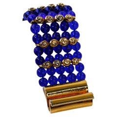 Vintage Claire Deve Gold and Blue Glass Bracelet