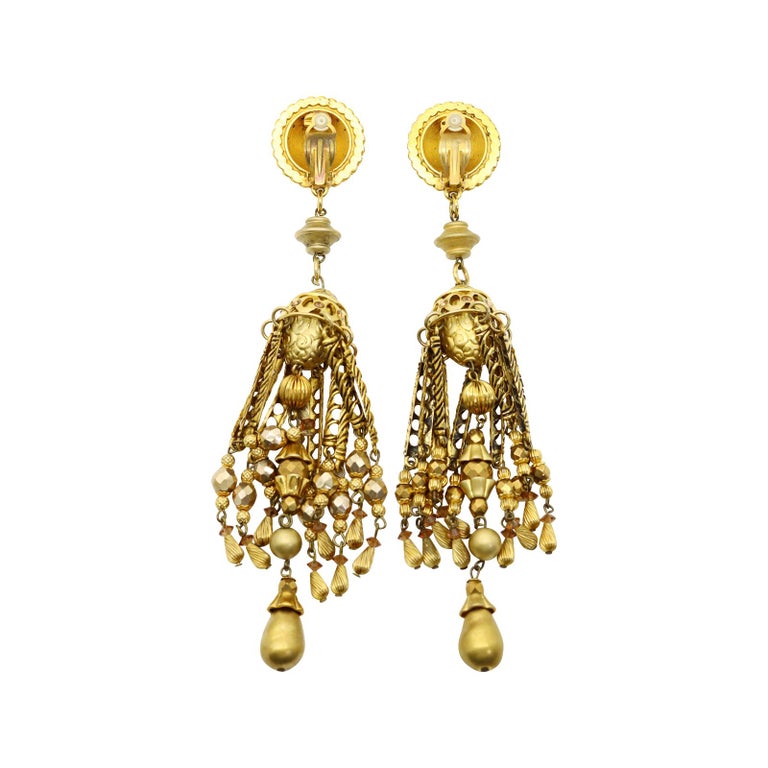 Vintage  Claire Deve Gold Tone Long Dangling Earrings Circa 1980s For Sale 1
