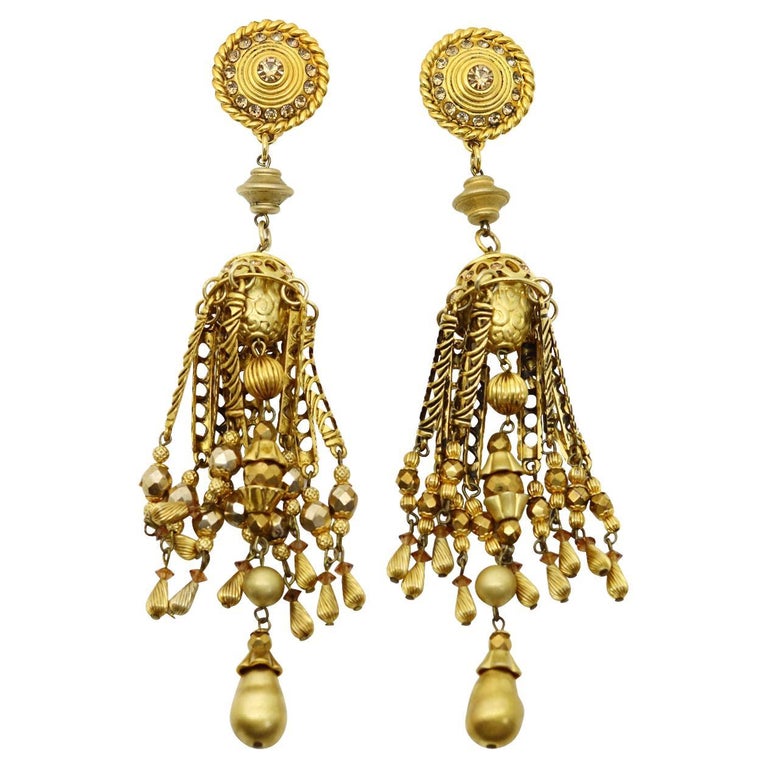 Vintage  Claire Deve Gold Tone Long Dangling Earrings Circa 1980s For Sale