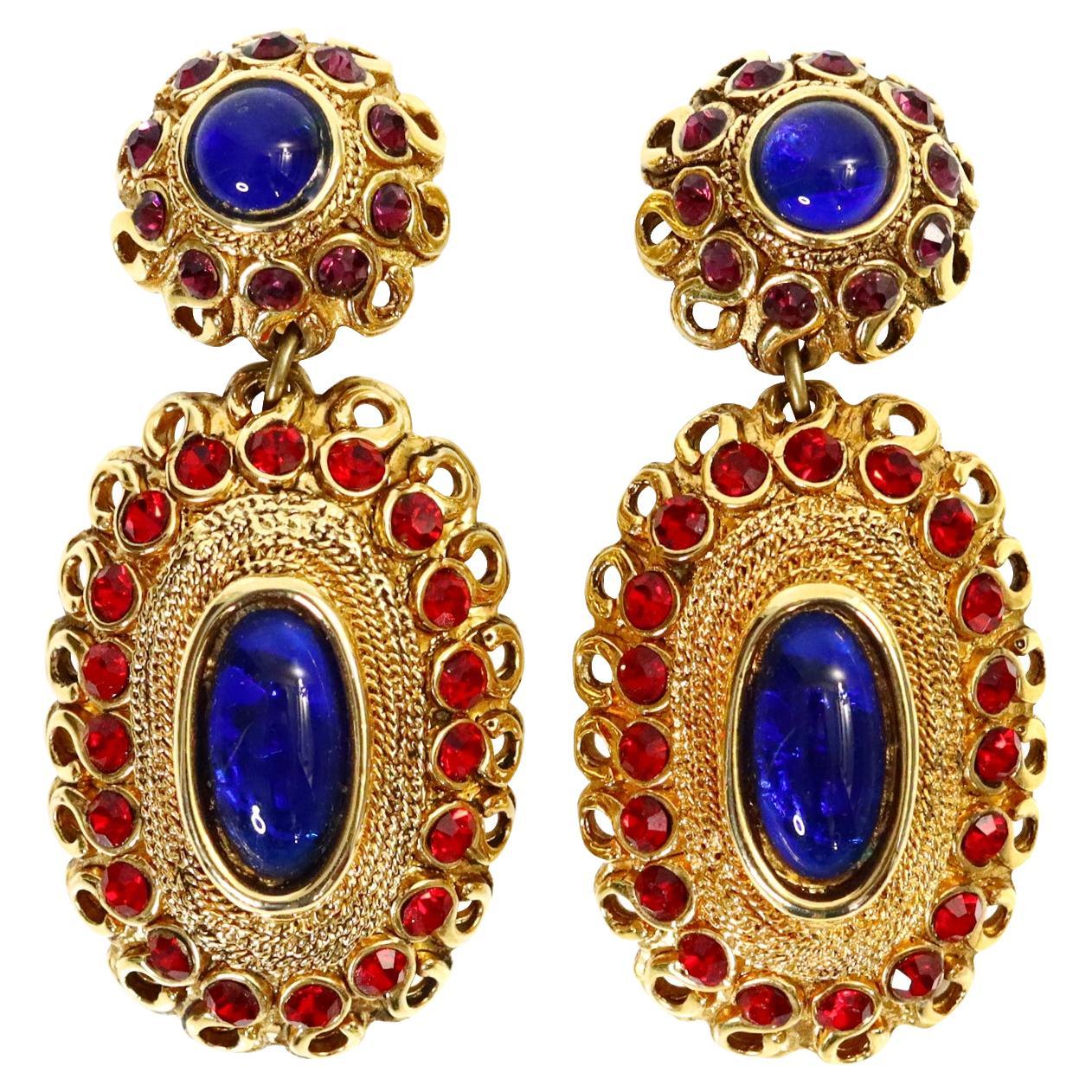 Vintage Gold Tone Chain Tassel Earrings Blue Red Cluster Cabochon Stones Pierced