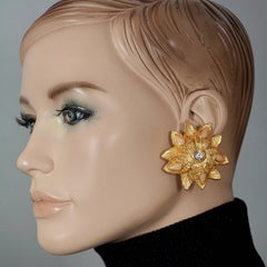 Vintage CLAIRE DEVE Textured Flower Cabochon Rhinestone Earrings