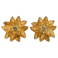 Vintage CLAIRE DEVE Textured Flower Cabochon Rhinestone Earrings