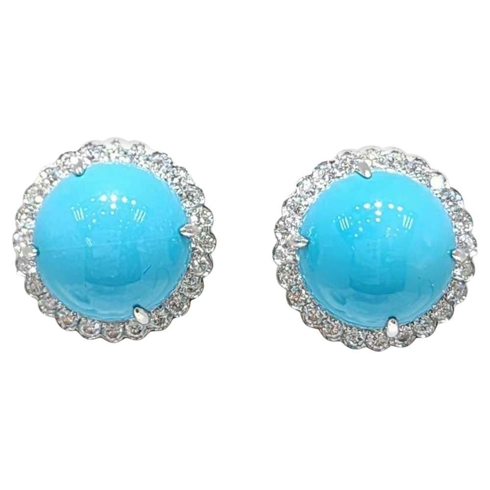 14K White Gold Turquoise Diamond Stud Earrings, 12mm by Carat