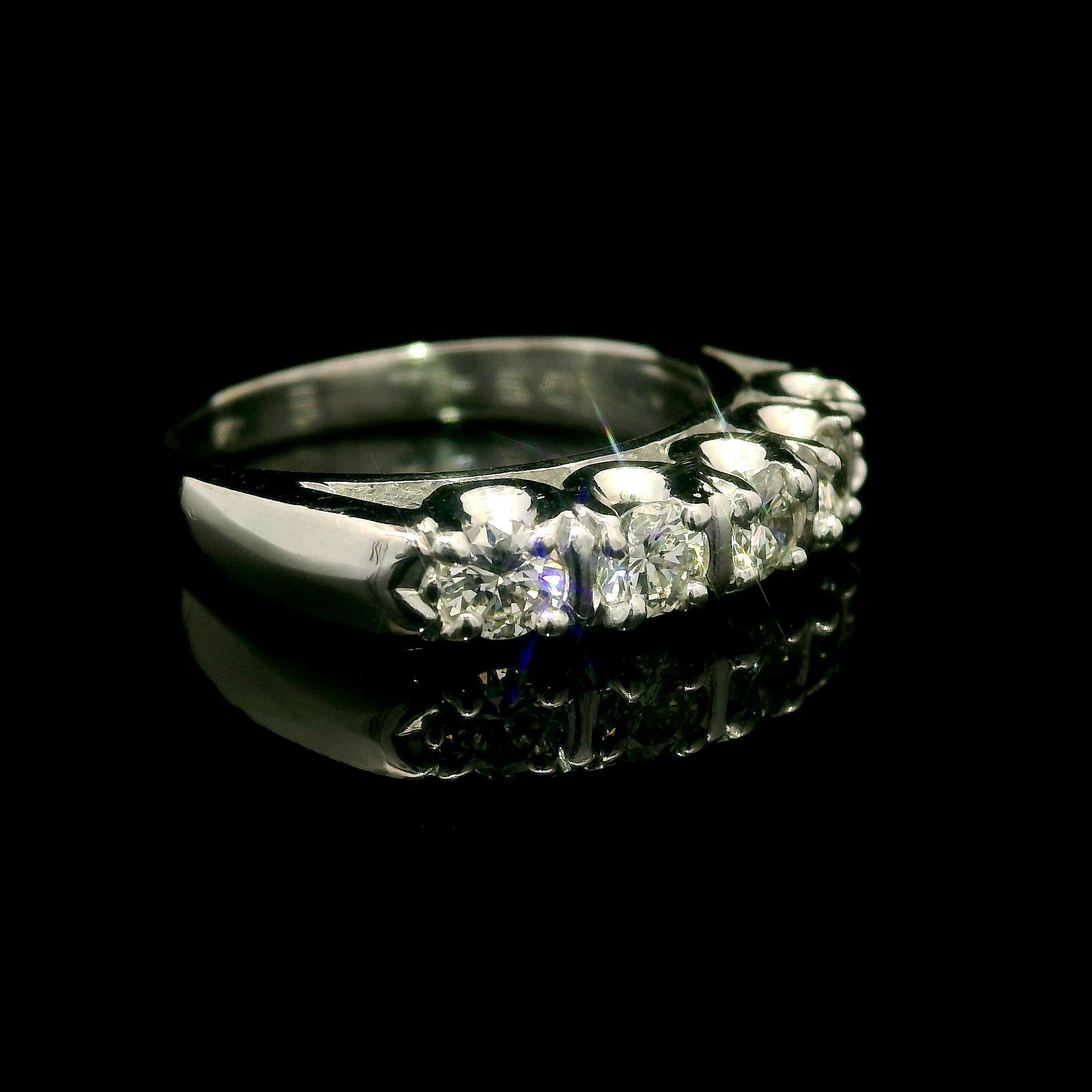 –Stone(s)–
(5) Natural Genuine Diamonds - Round Brilliant Cut - Fancy Prong Set - F-G Color - VS1-VS2 Clarity - 0.45ctw (approx.)

Material: 14k White Gold
Weight: 3.55 Grams
Ring Size: 4.0 ( fitted on finger, please contact us prior to purchase