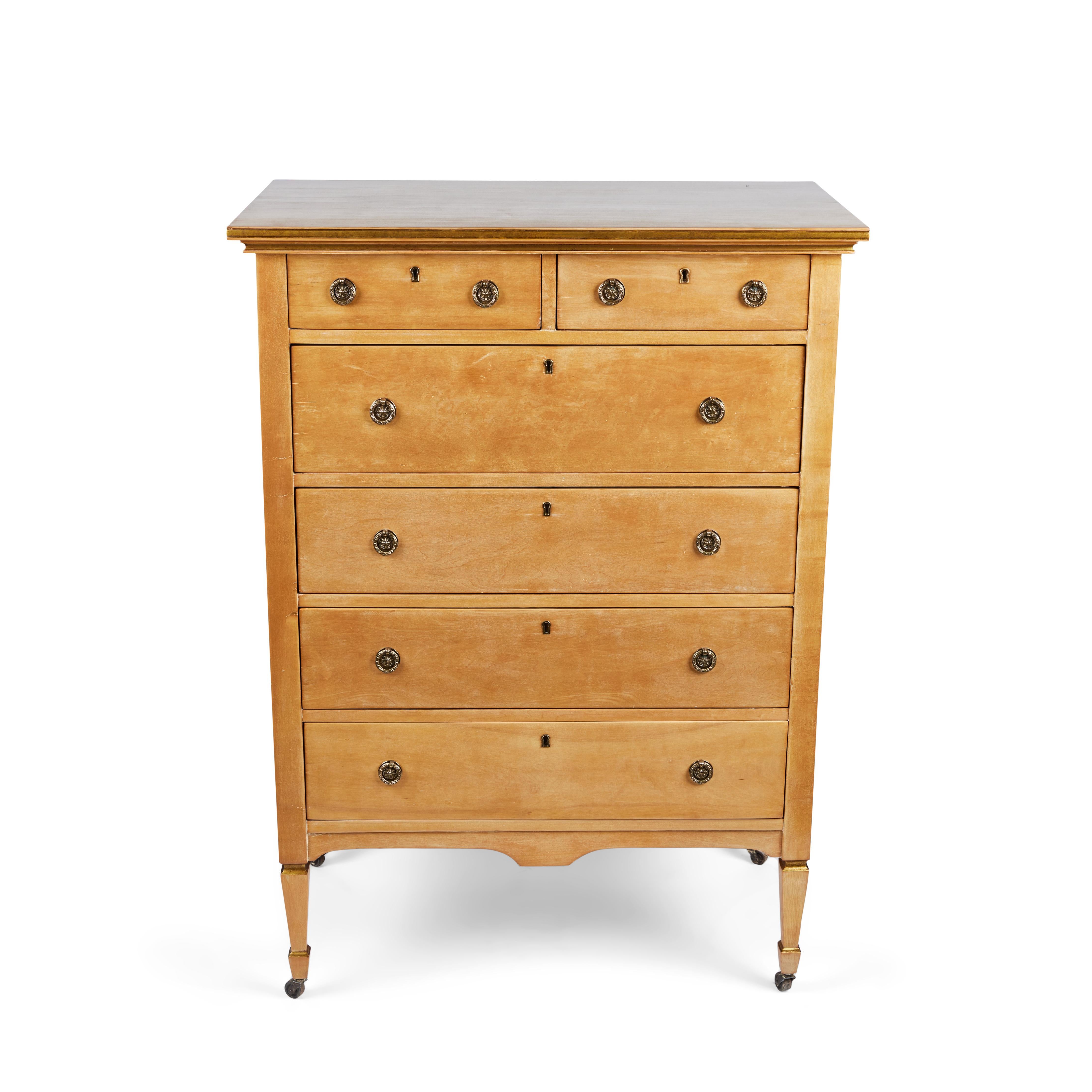 Vintage classic bird's eye maple dresser with decorative original brass pulls & casters and dovetail drawers. It has been newly restored and attractive antique gold details have been added.