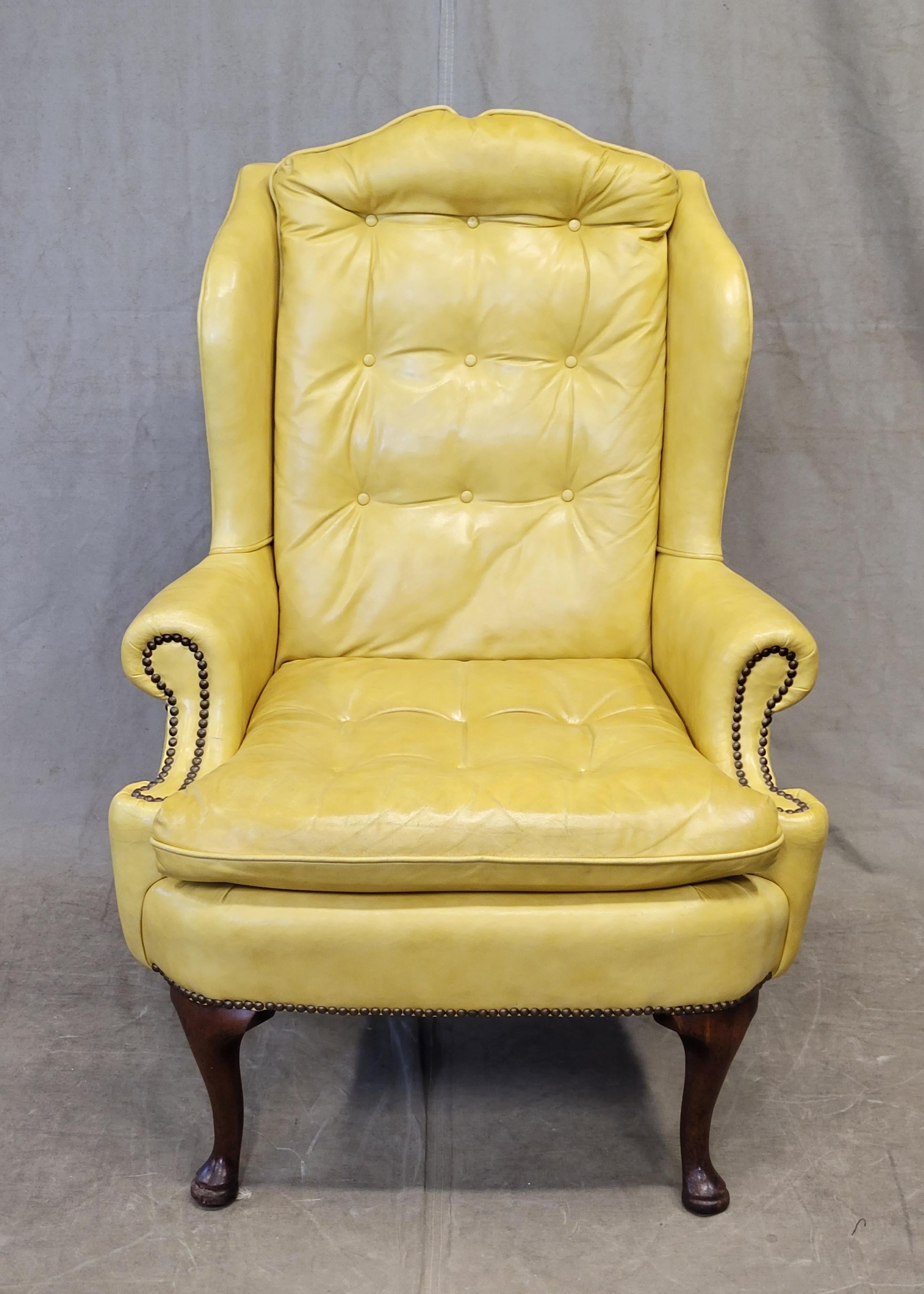American Vintage Classic Brand Top Grain Yellow Leather Chesterfield Chairs - a Pair For Sale