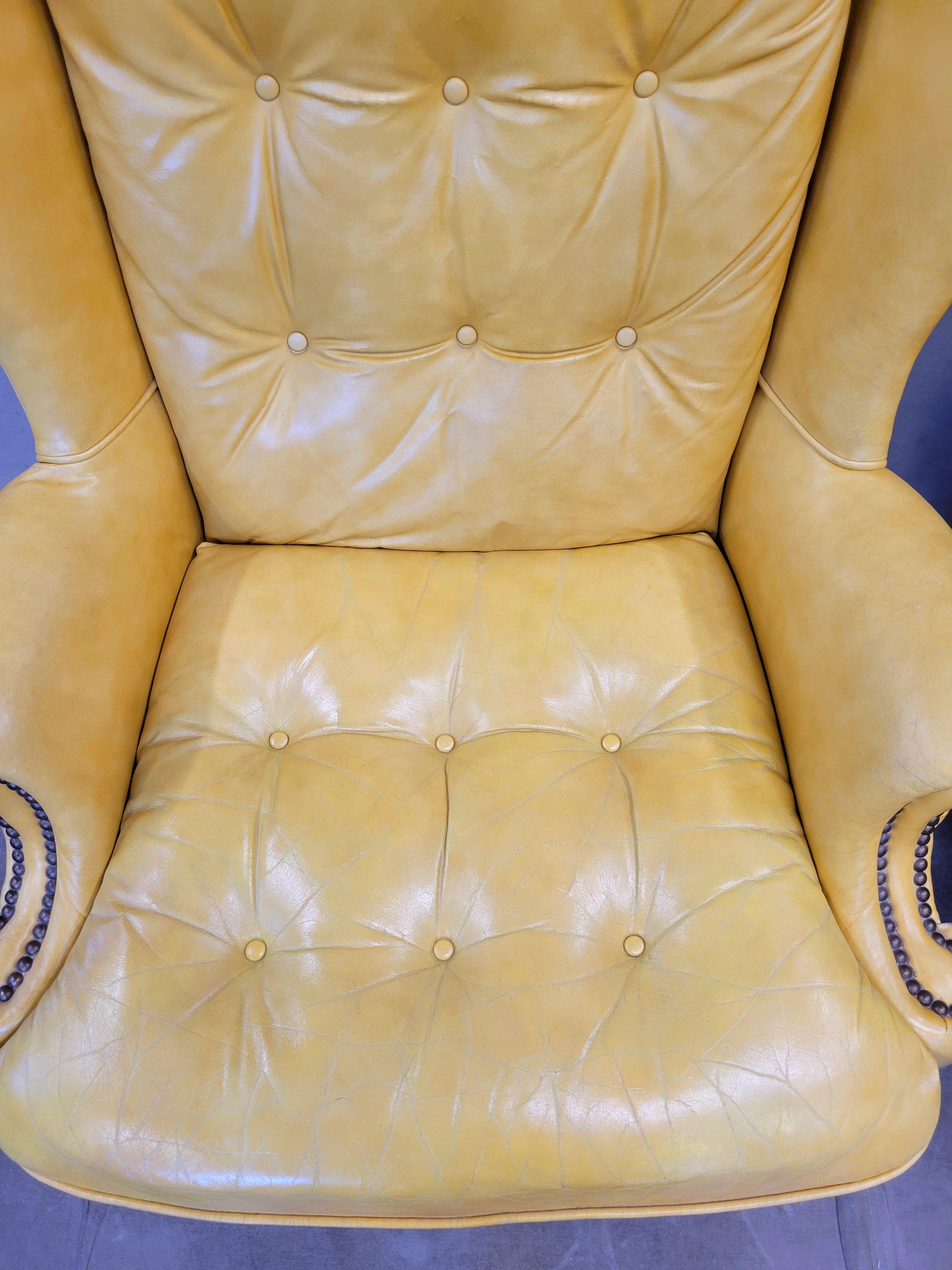 Vintage Classic Brand Top Grain Yellow Leather Chesterfield Chairs - a Pair For Sale 1