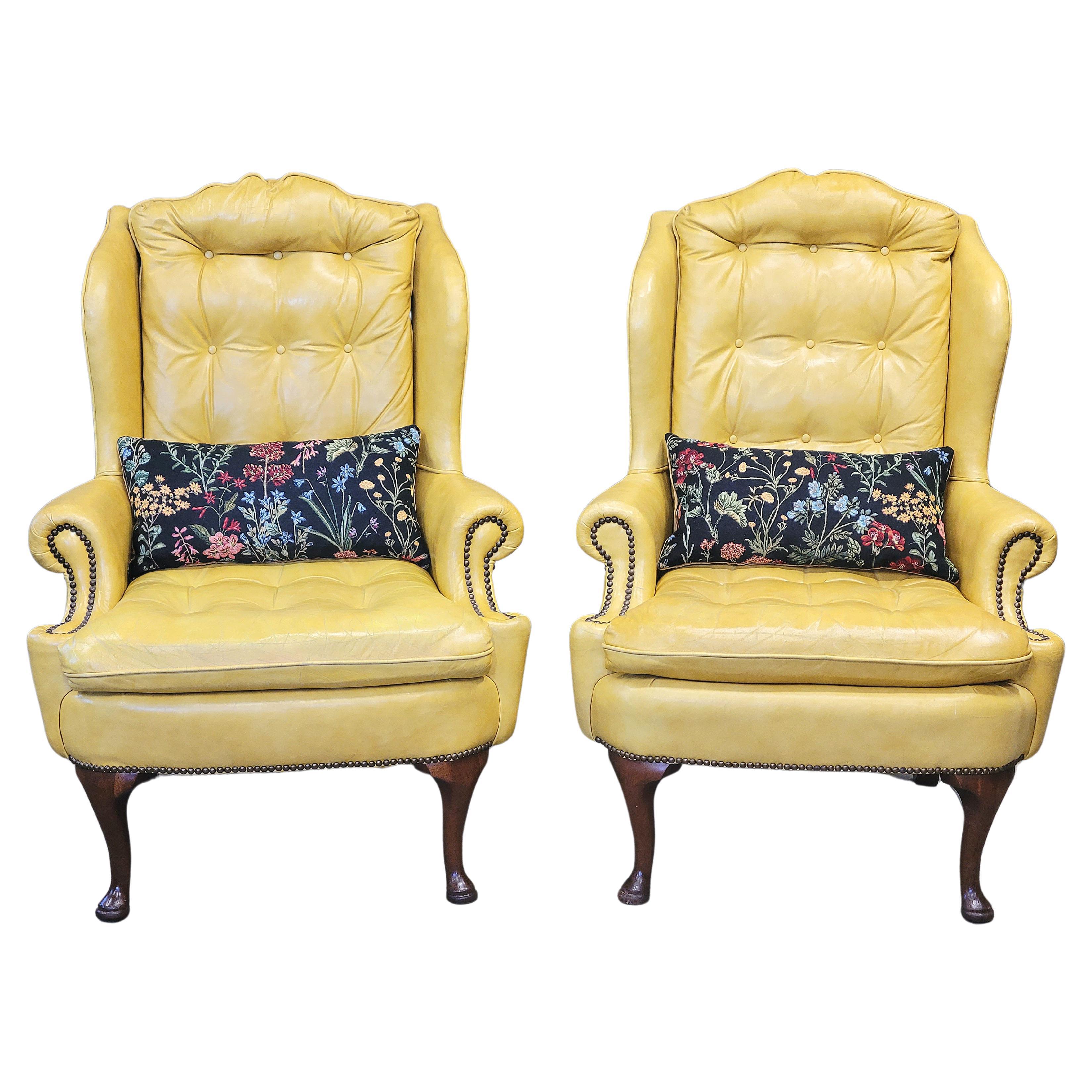 Vintage Classic Brand Top Grain Yellow Leather Chesterfield Chairs - a Pair For Sale