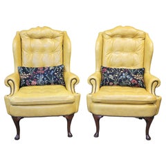 Used Classic Brand Top Grain Yellow Leather Chesterfield Chairs - a Pair