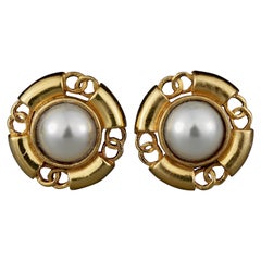 Vintage Classic CHANEL Logo Pearl Earrings