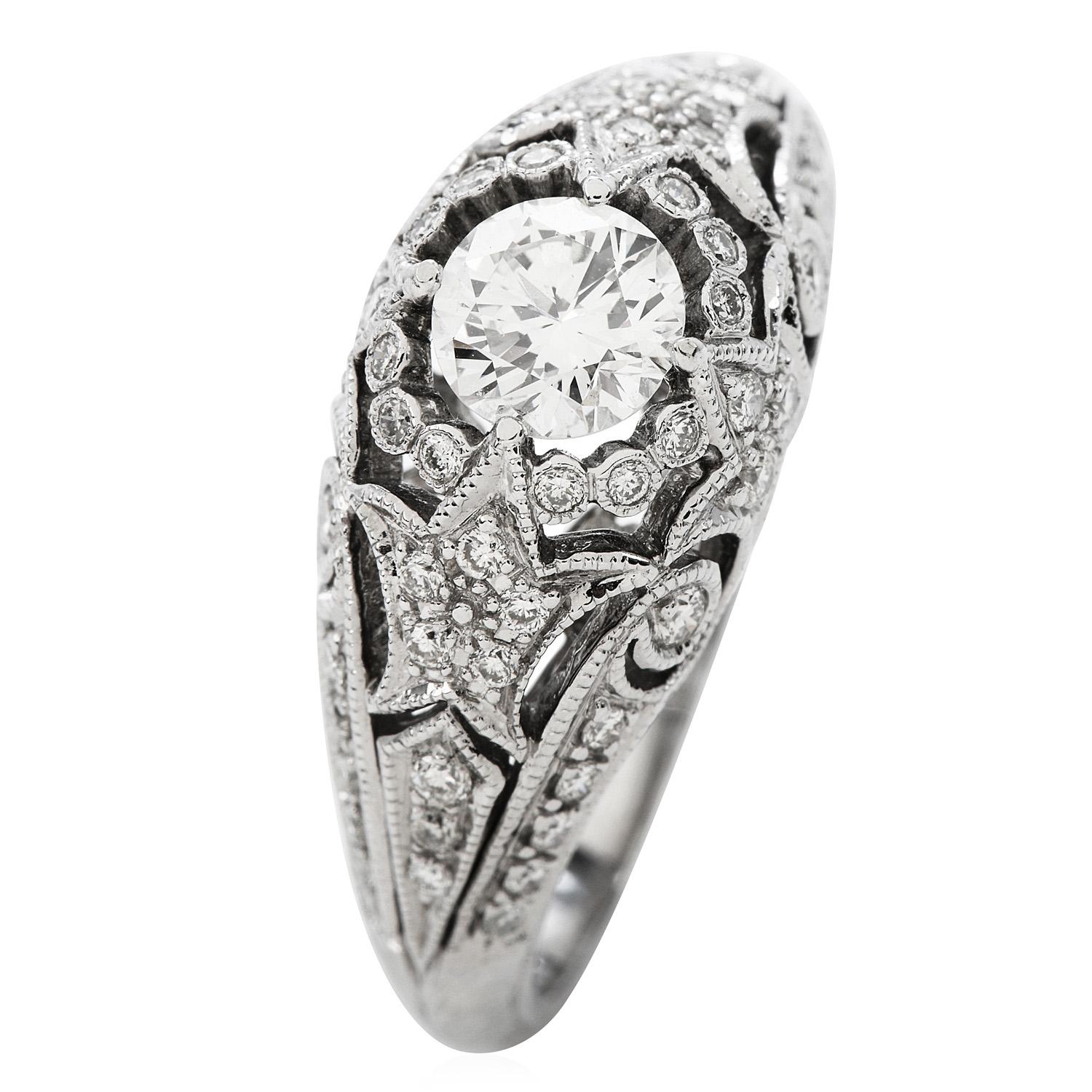 Deco Style  Diamond Gold Filigree Engagement Ring

Take a step back in time with this vintage art deco style  Diamond Engagement

ring crafted in luxurious 14K white gold weighing approximately 4.9 grams.

Intricate cut-out and filigree patterns run