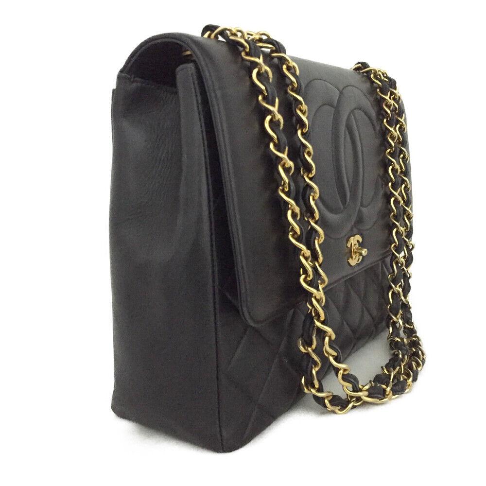 Black Vintage Classic Double CC Jumbo Leather Shoulder Bag  For Sale