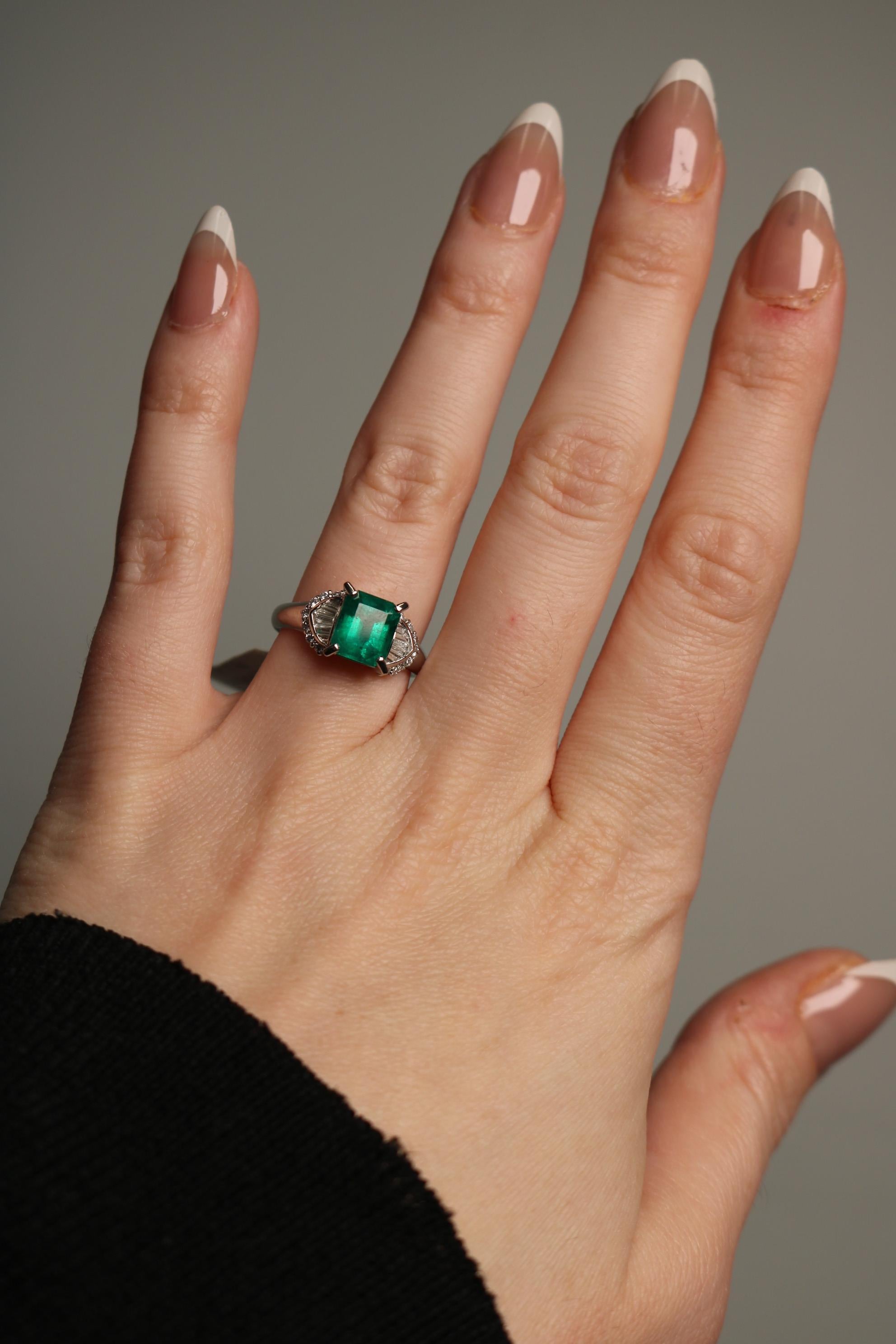 Emerald Cut Vintage Emerald Diamond Engagement Ring Solitaire Setting in Platinum ~2.02ctw For Sale