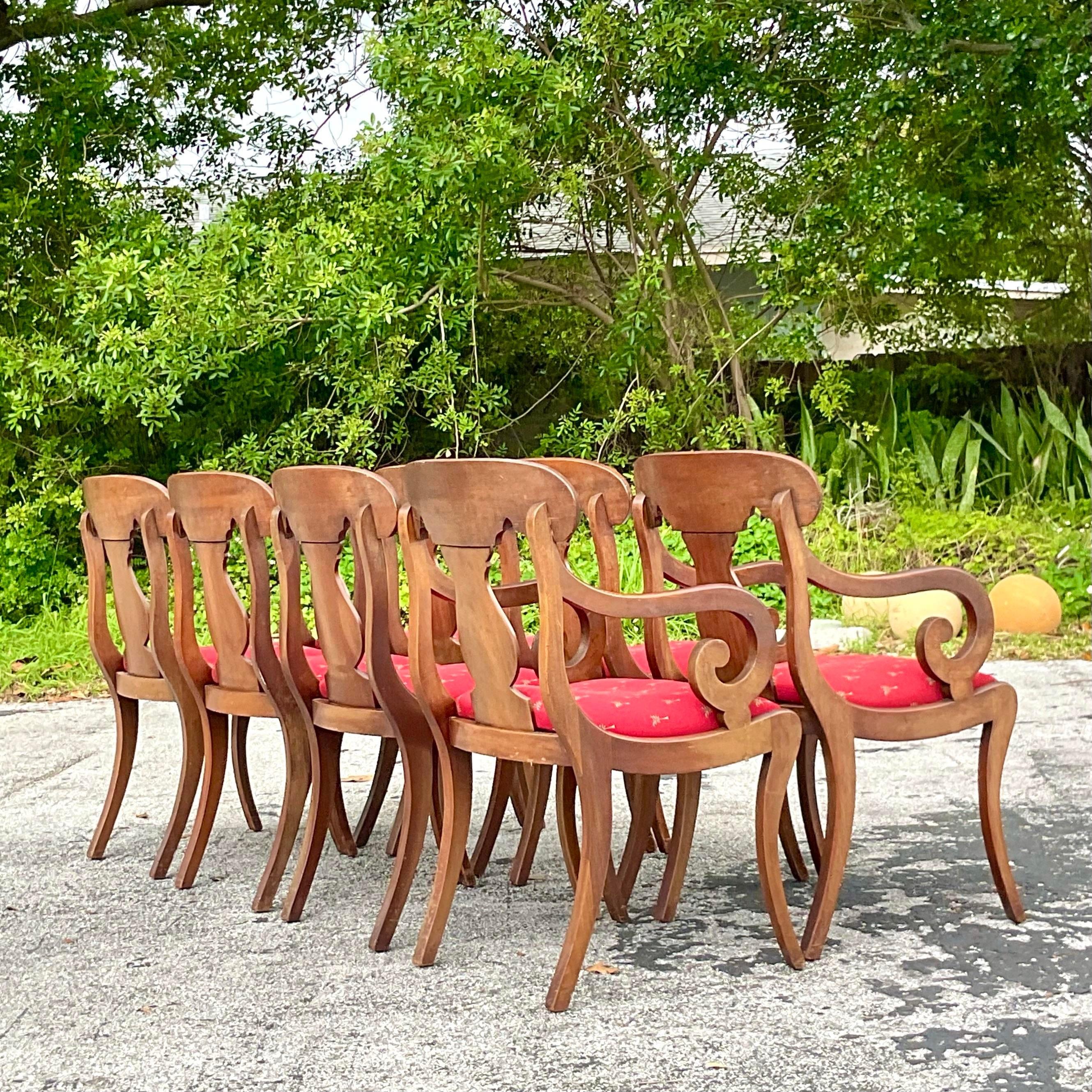 Upholstery Vintage Classic Flame Mahogany Empire Dining Chairs - Set of 8 For Sale