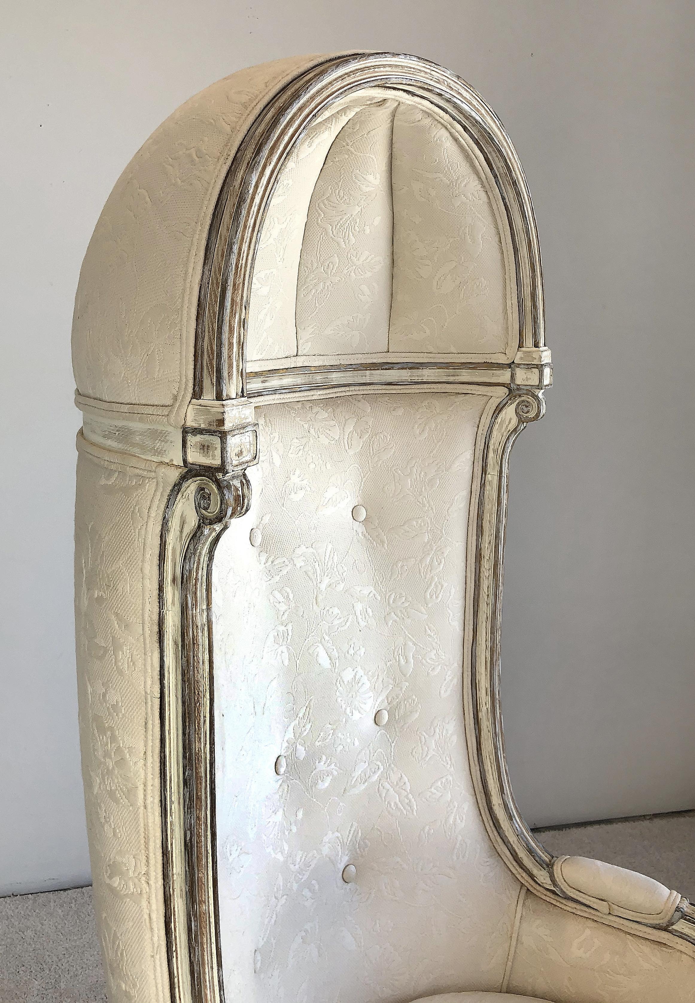 American Vintage Classic Hooded Carved Porter's Chair in Damask