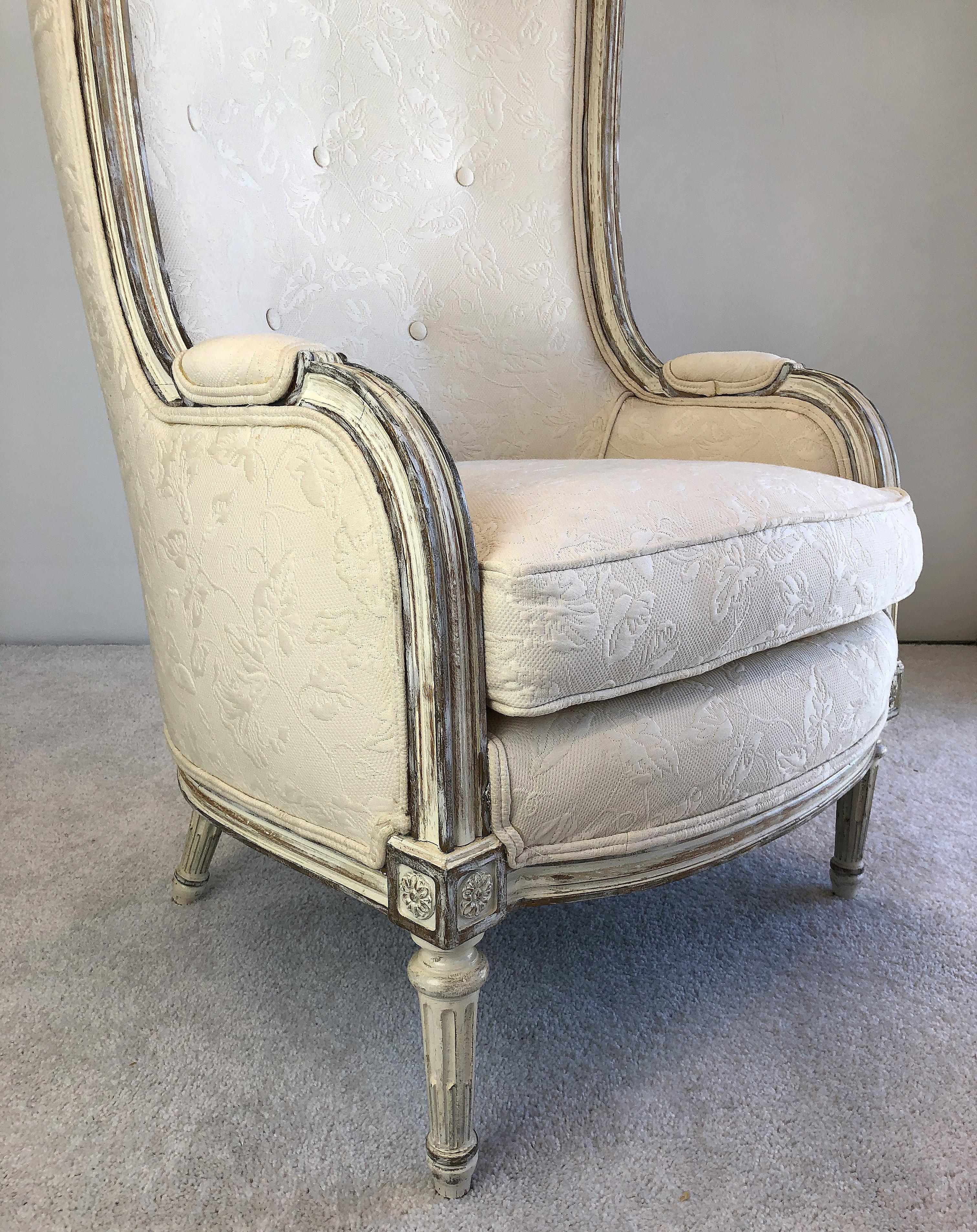 Silvered Vintage Classic Hooded Carved Porter's Chair in Damask