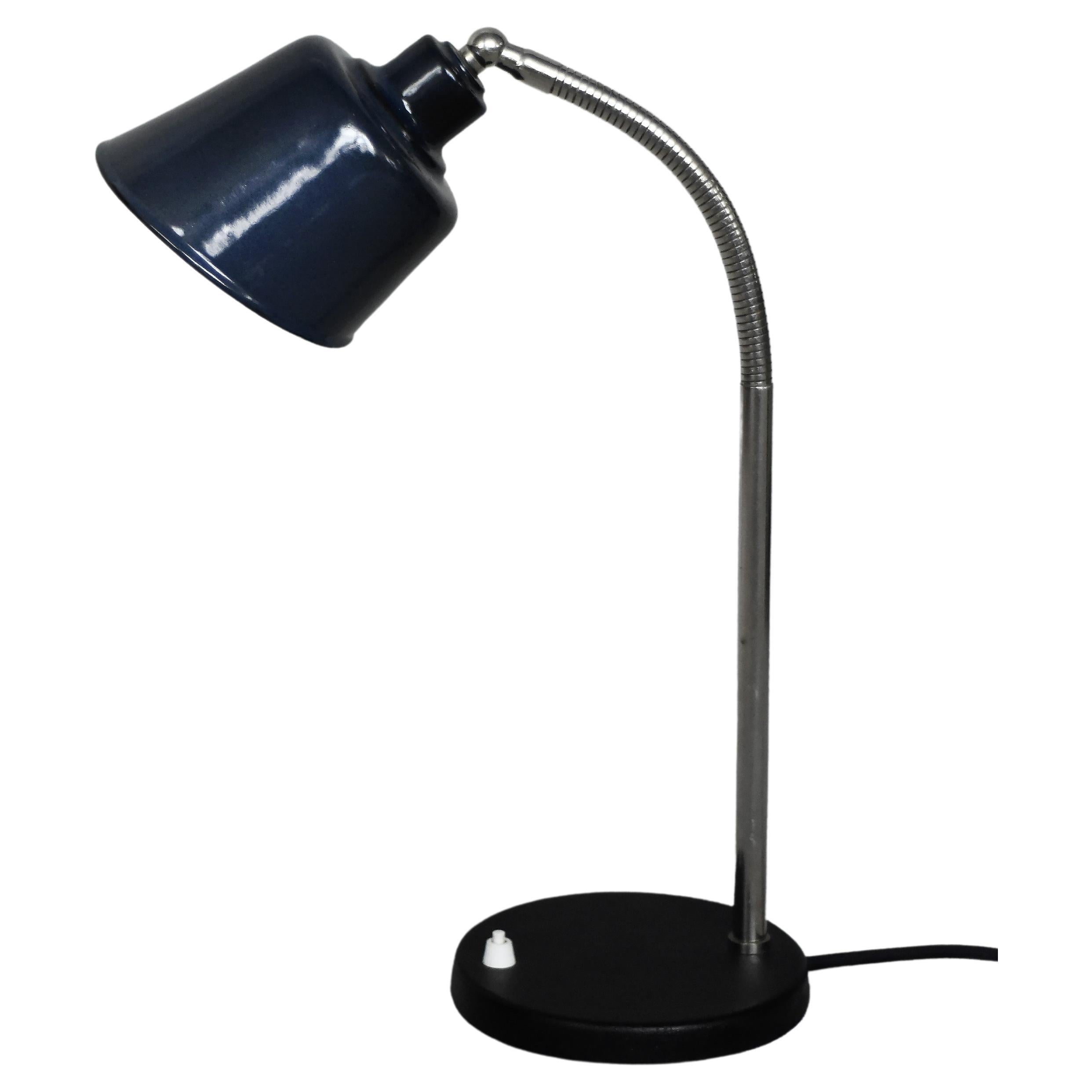 Vintage Classic Industrial Metal Polish Desk Lamp with Enamel Blue Shade, 1950s For Sale