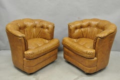 Vintage Classic Leather Chesterfield Brown Tufted Leather Barrel Club Chair Pair