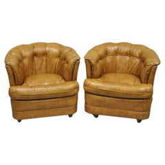 Vintage Classic Leather Chesterfield Brown Tufted Leather Barrel Club Chair Pair